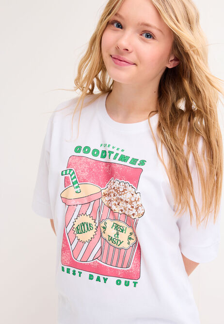 Older Girls White Popcorn Curve Hem T-Shirt