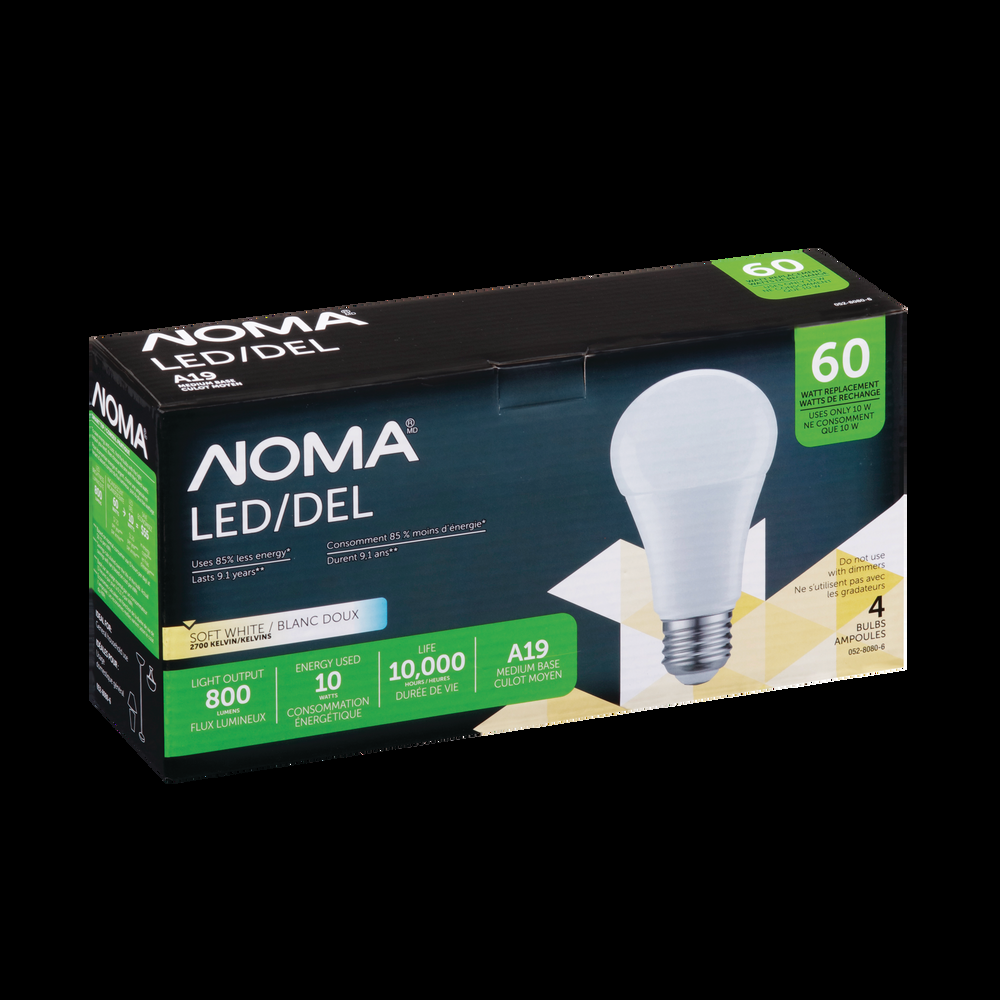 NOMA A19 E26 Base Non-Dimmable LED Light Bulbs, 800 Lumens, Soft White, 60W, 4-pk