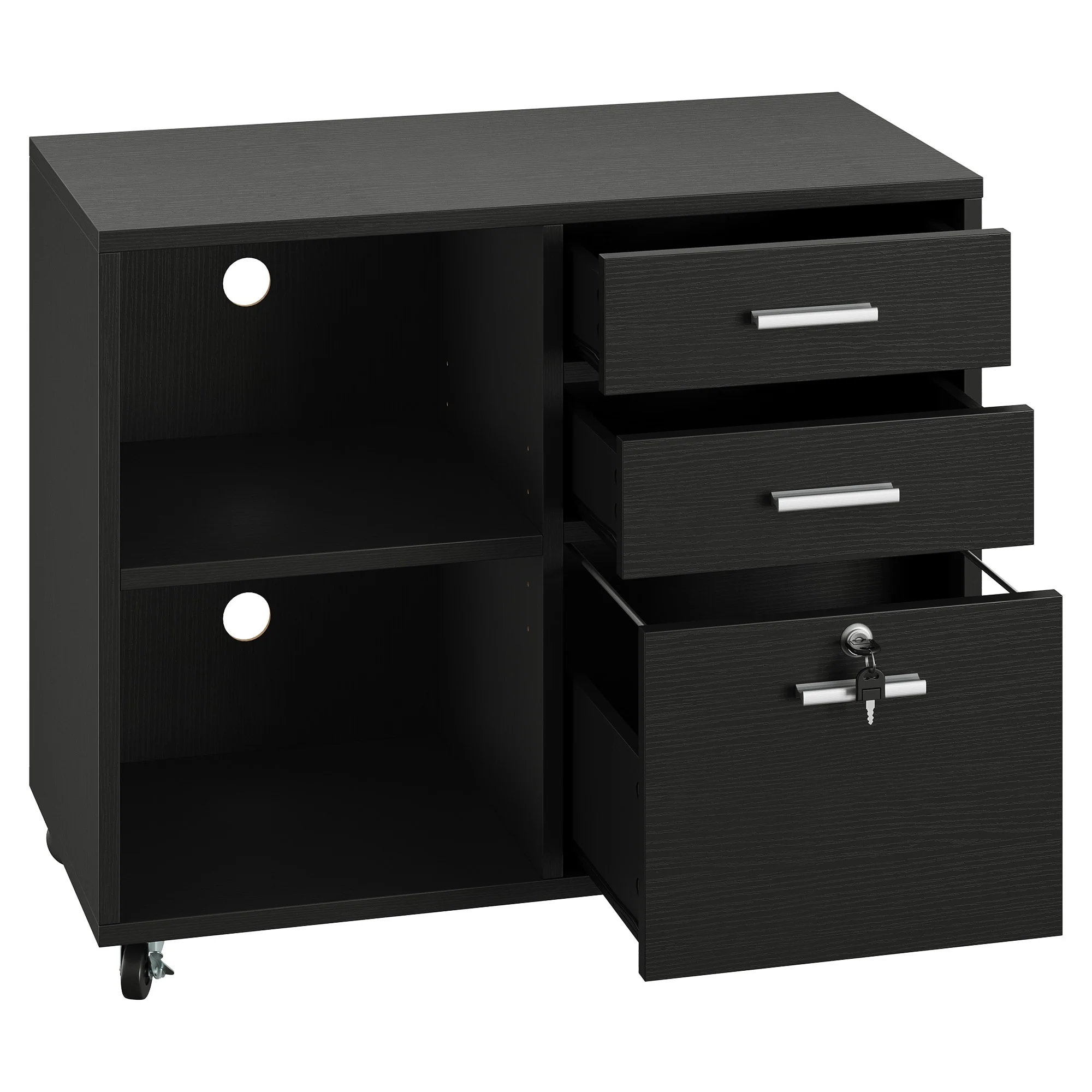 Moasis 3 Drawer Mobile Wood File Cabinet with Lock and Open Storage Shelves