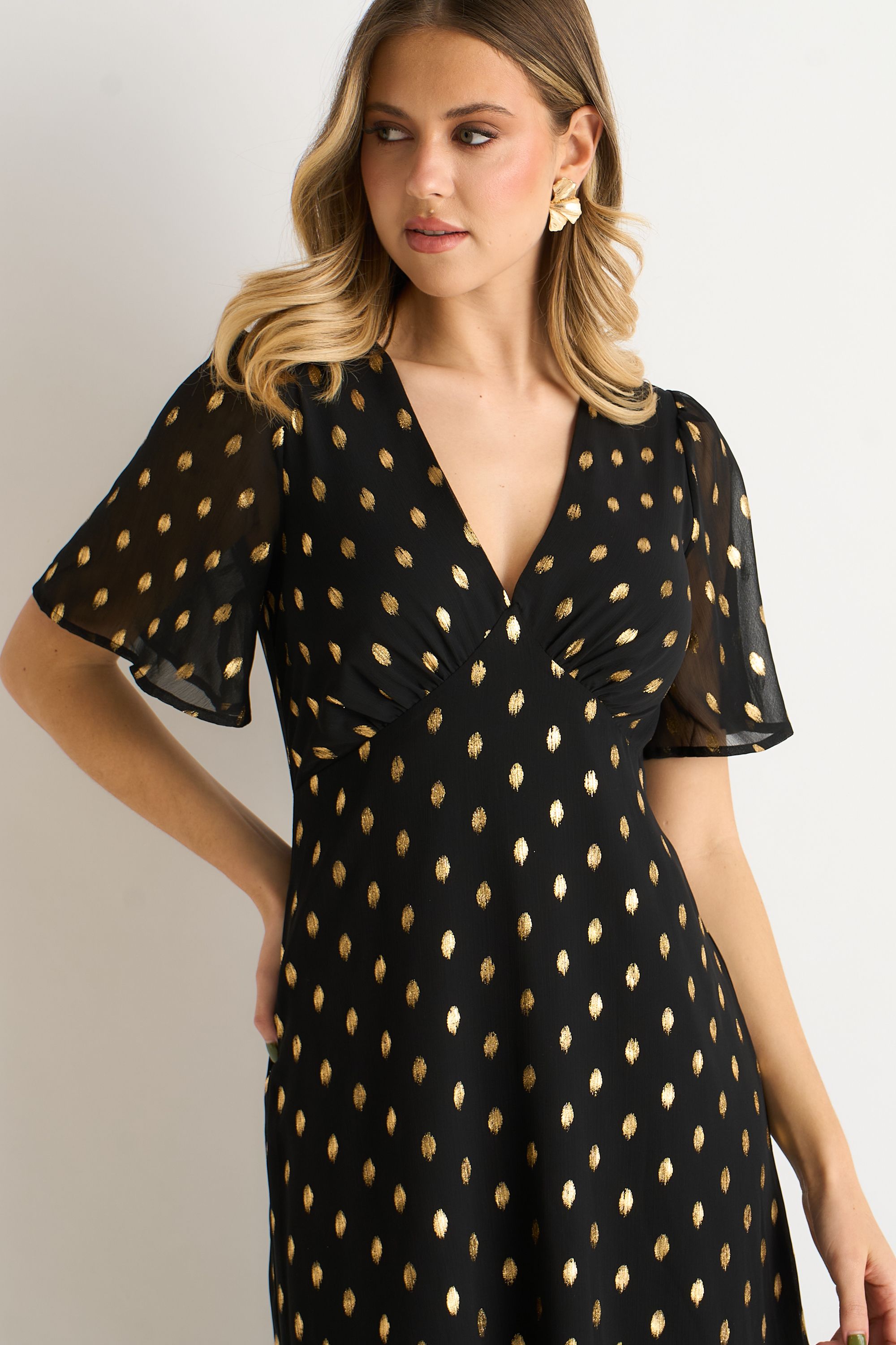 Gini London Black V Neck Foil Midi Skater Dress