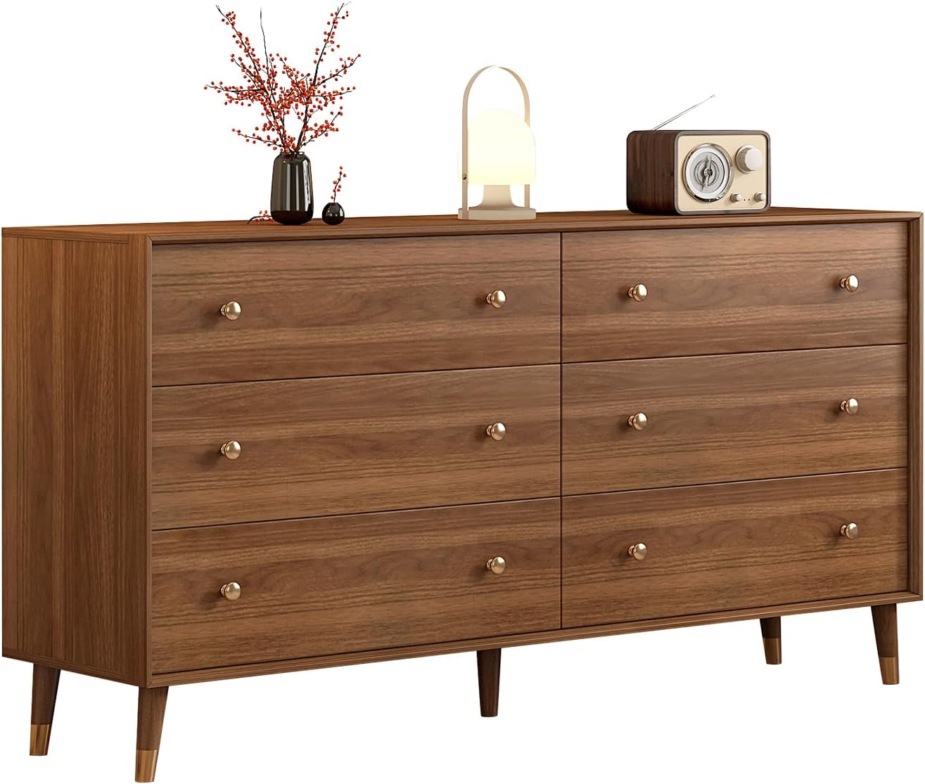 6 Drawer Dresser for Bedroom, 55 Inch Walnut Dresser for Closet, Mid Century Wood Chest of Drawers with Natural Texture & Pre-Embedded Slots for TV Stand, Living Room, Hallway, Office