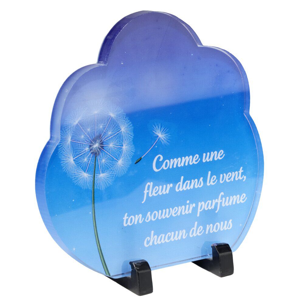 Plaque funéraire inscription nuage bleu pissenlit acrylique pied métal 18x8,5xH18,5cm