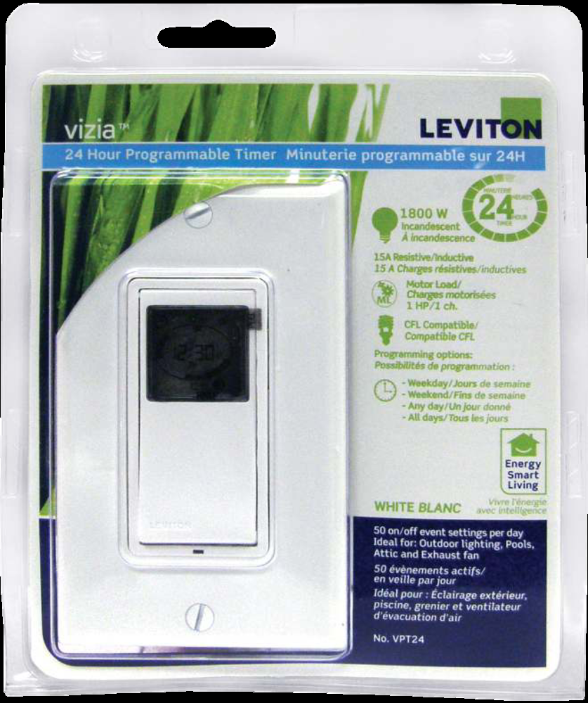 Leviton VPT24-742 Decora Vizia 24-Hour Programmable Indoor Timer with Astronomical Clock, White