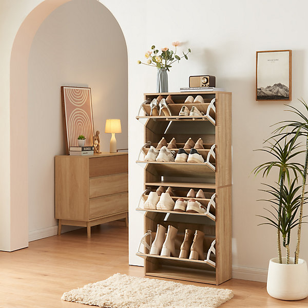 Meuble à chaussures Lund à 4 abattants avec miroir effet chêne Sonoma en.casa