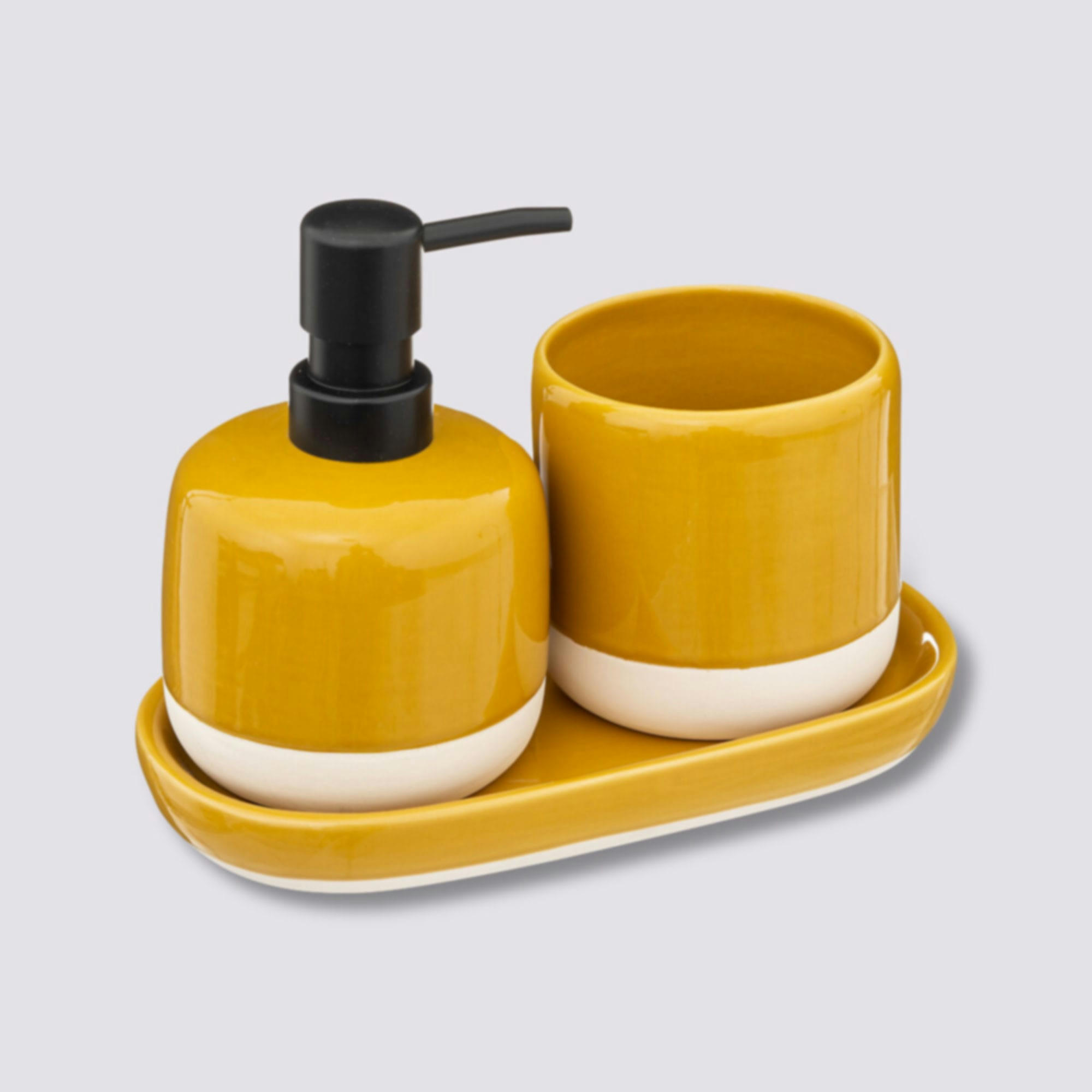 - Set salle de bain céramique jaune, blanc et noir - 3 pièces
