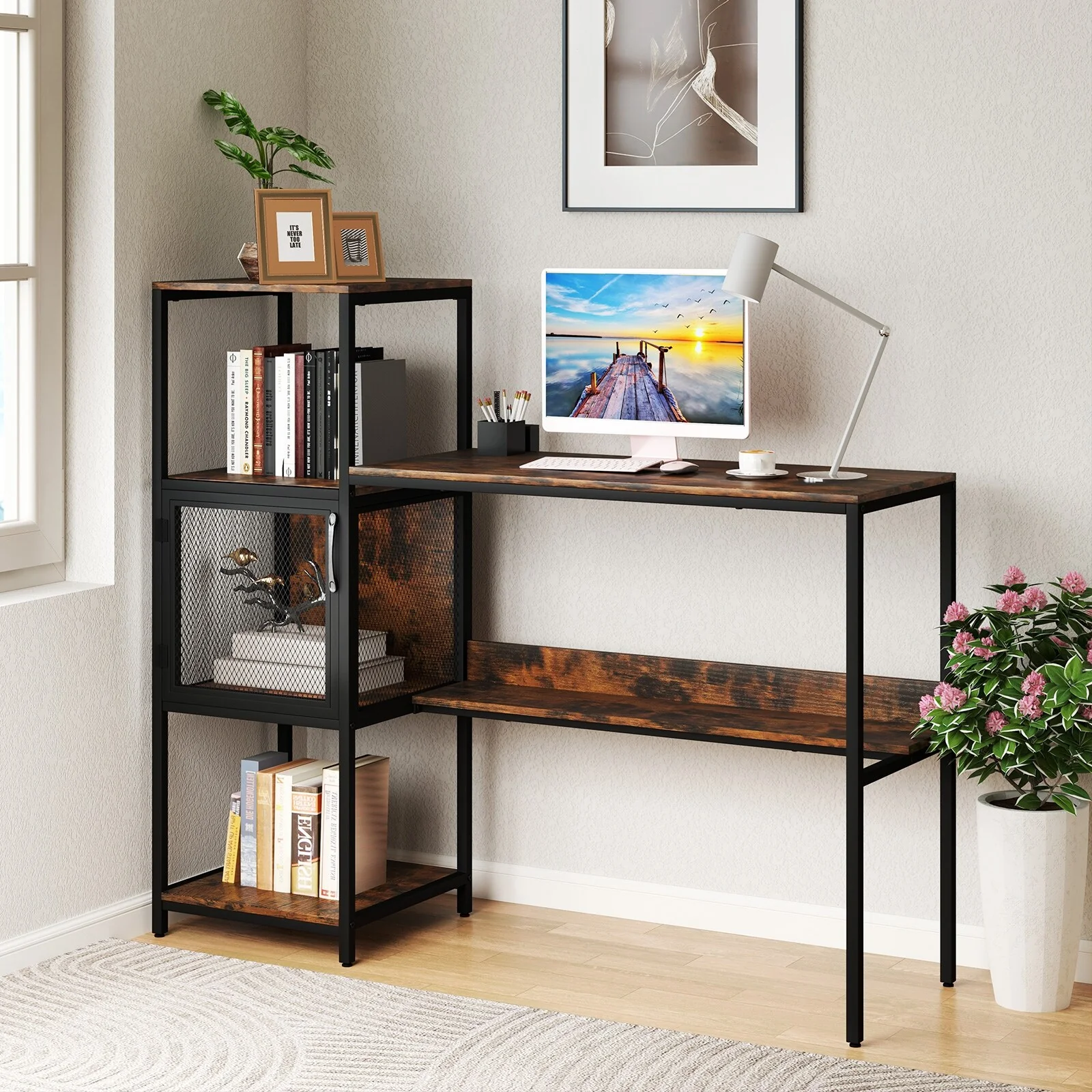 Rustic Brown Wood Metal Computer Desk with Bookshelf and Storage