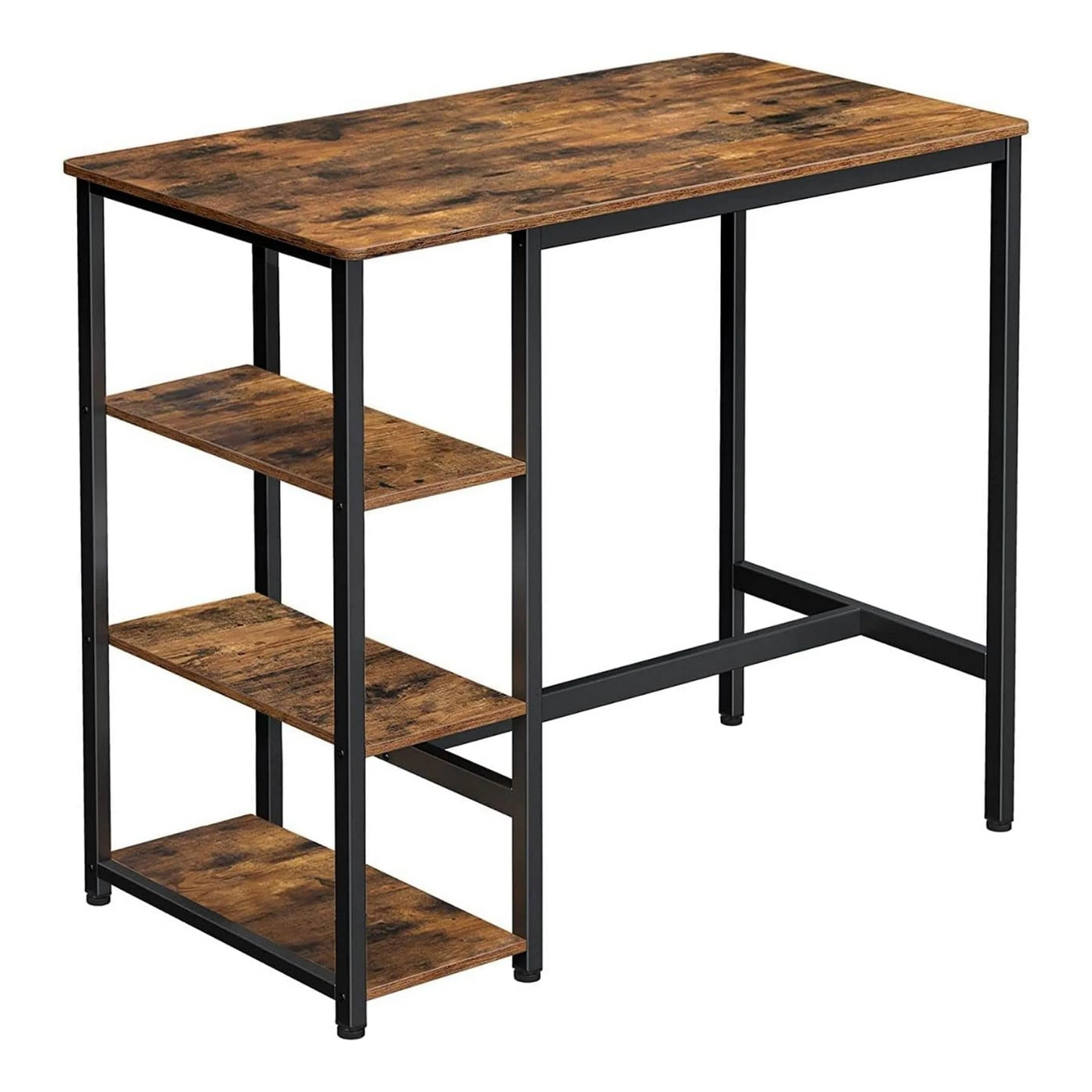 43 Inch Bar Table with 3 Shelves, Rectangular Brown Wood Top, Black Steel