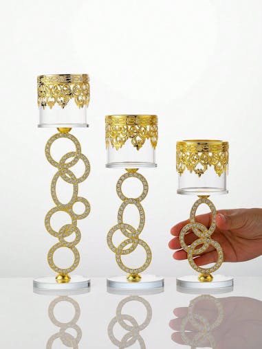 NNESN 1pc Elegant Crystal & Glass Candle Holder with Diamond Inlaid - Medium Gold