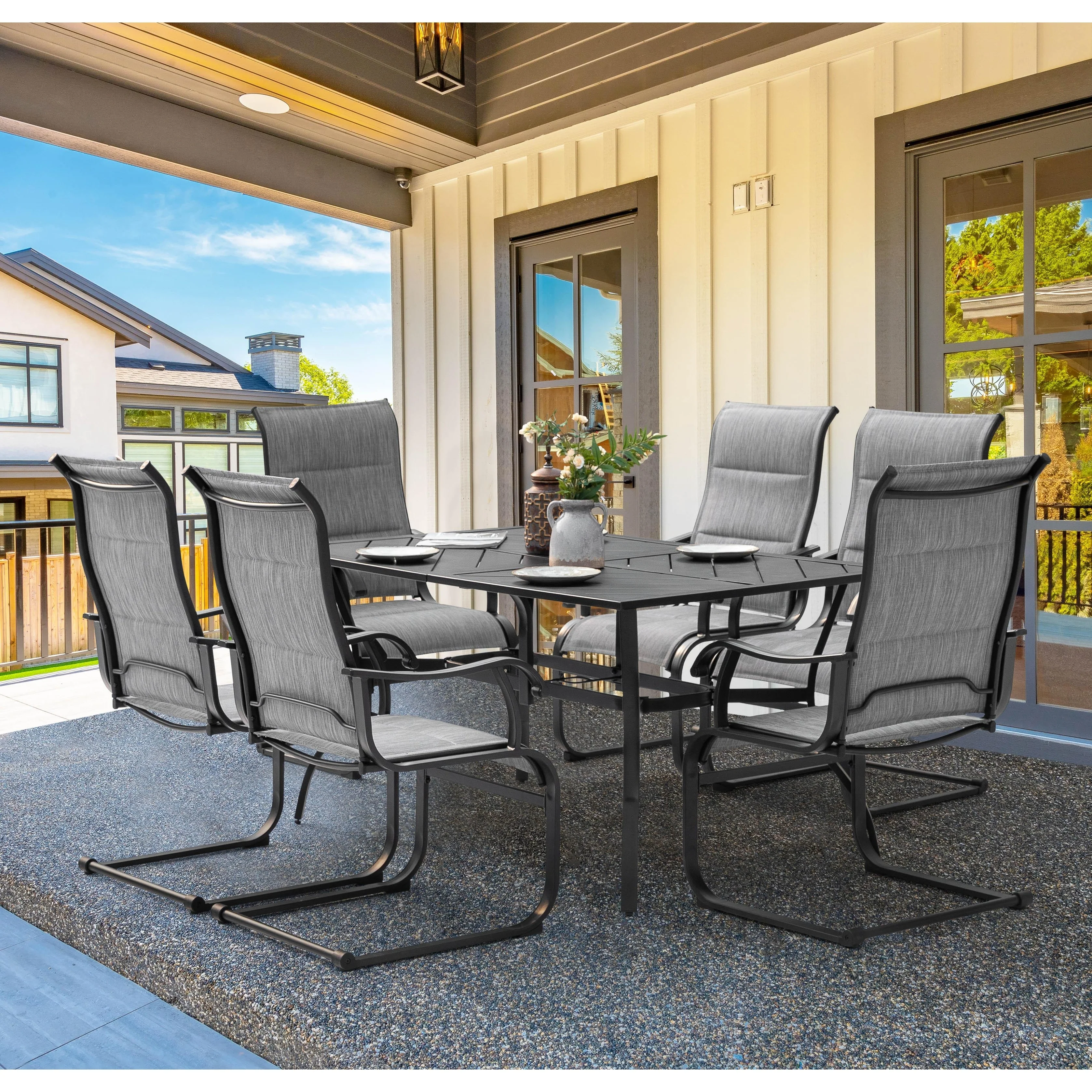 Patio 7-Piece Textilene and Iron Dining Set with Umbrella Hole