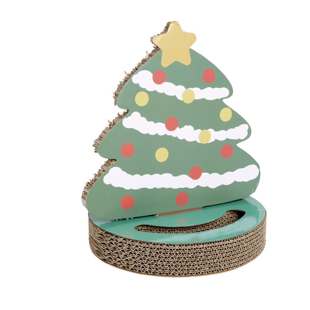 Grattoir carton forme sapin de No&euml;l et jeu de balle pour chat Ø33xH28,5cm