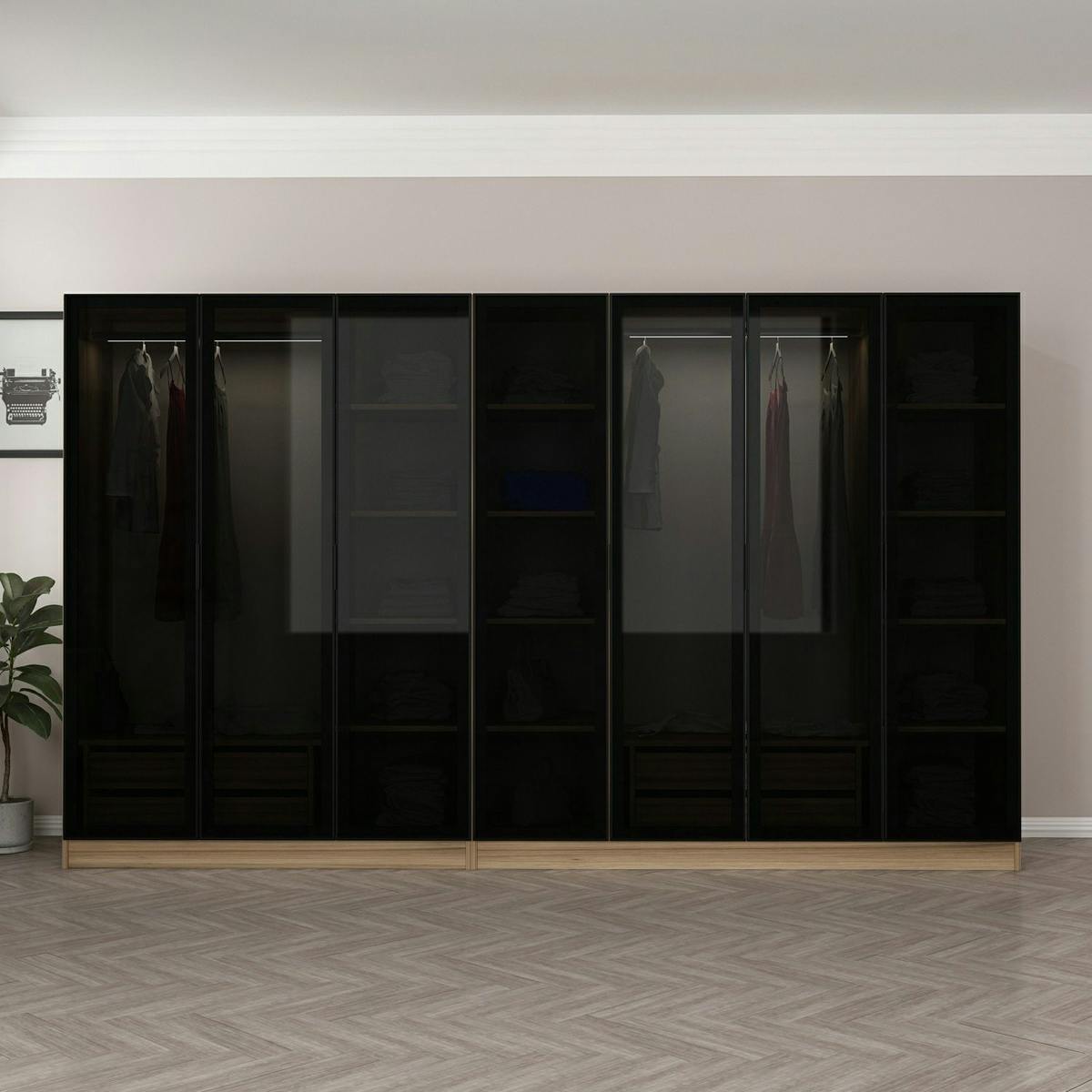 Dressing design 7 portes verre noir & cadre effet bois BYRON