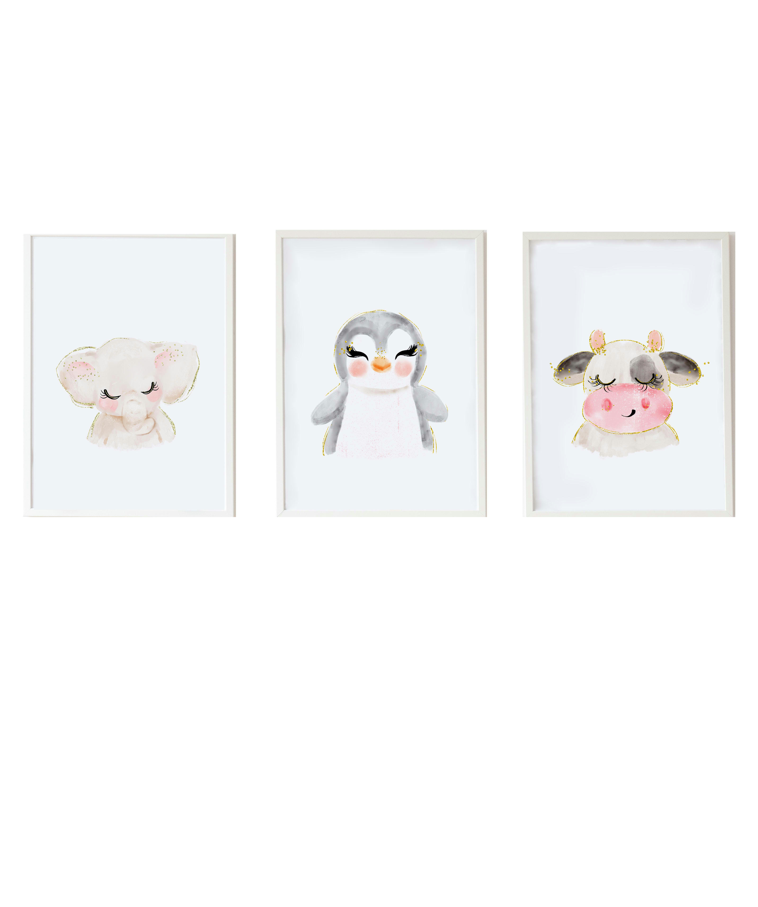 DECOWALL - Pack encadré bois blanc impression le éléphant et vache 43X33 cm