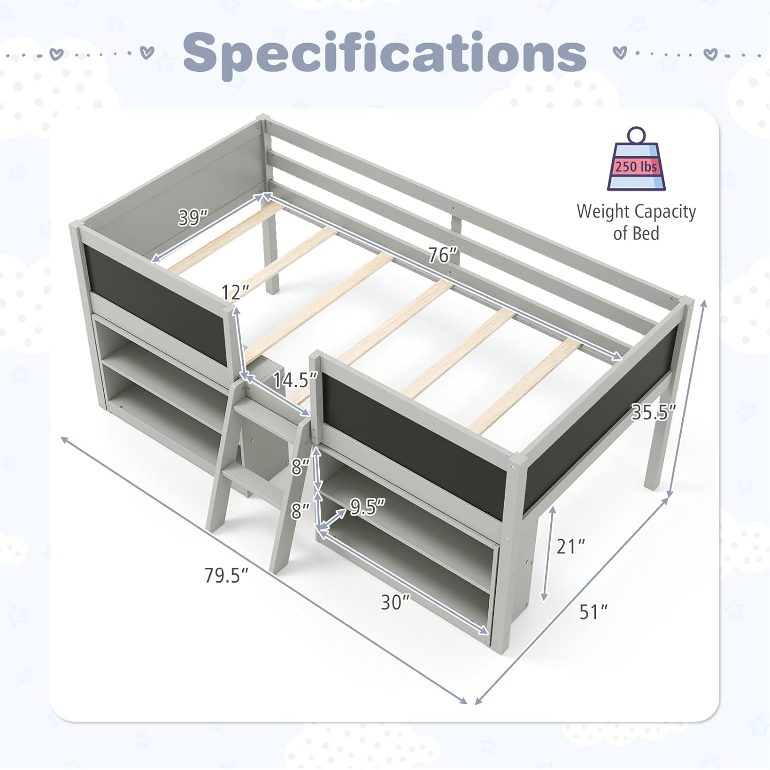 Giantex Low Loft Bed Twin Size, Wooden Loft Bed with Ladder & Blackboard, Twin Bed Frames for Kids with Storage 2 Bookcases and Play Space, Grey