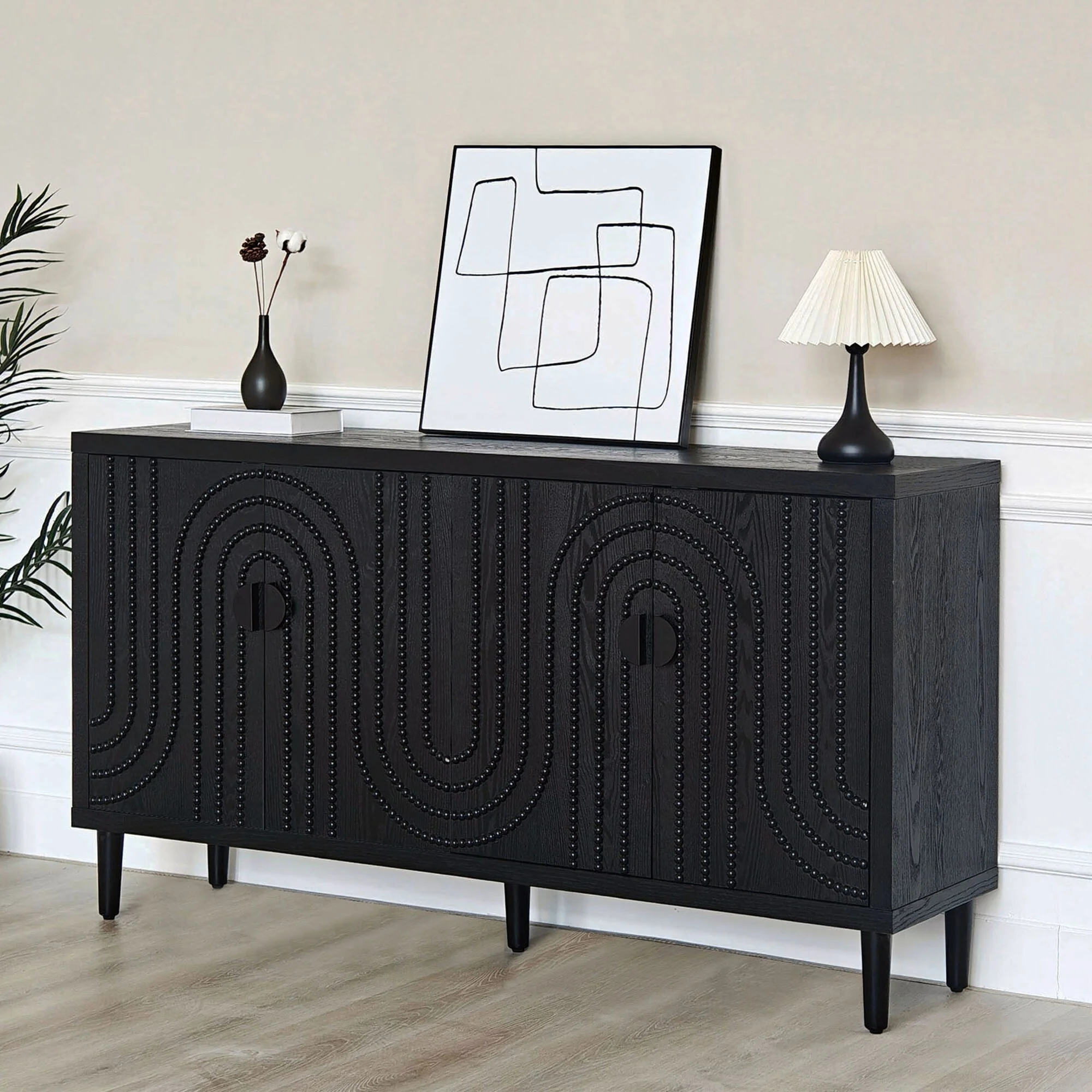 Black Buffet Cabinet Accent Sideboard with Wooden Beads Embossed and Solid Wood Feets