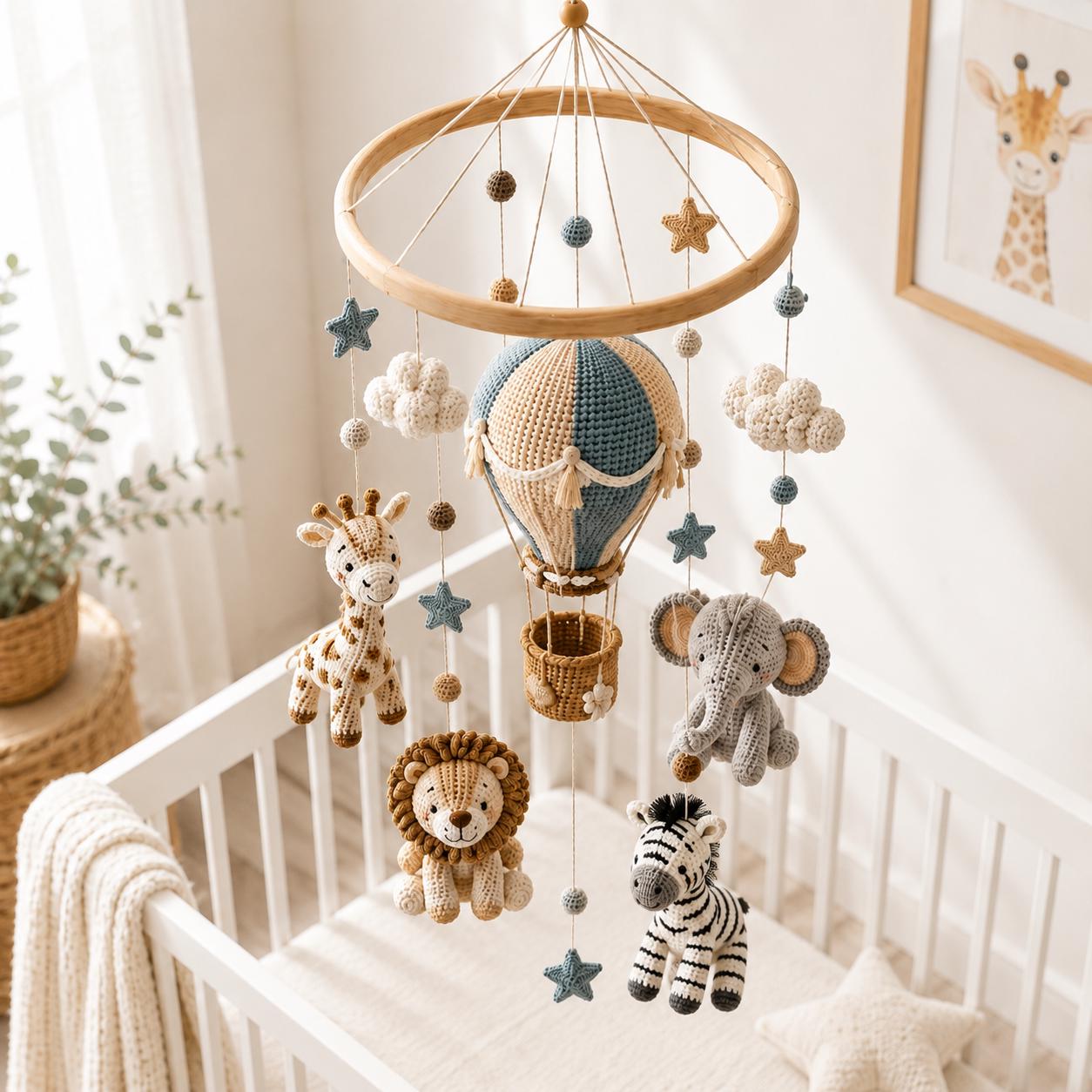 Safari Crochet Baby Mobile, Hot Air Balloon Crib Mobile with Lion Giraffe Zebra Elephant, Jungle Nursery Decor Gift
