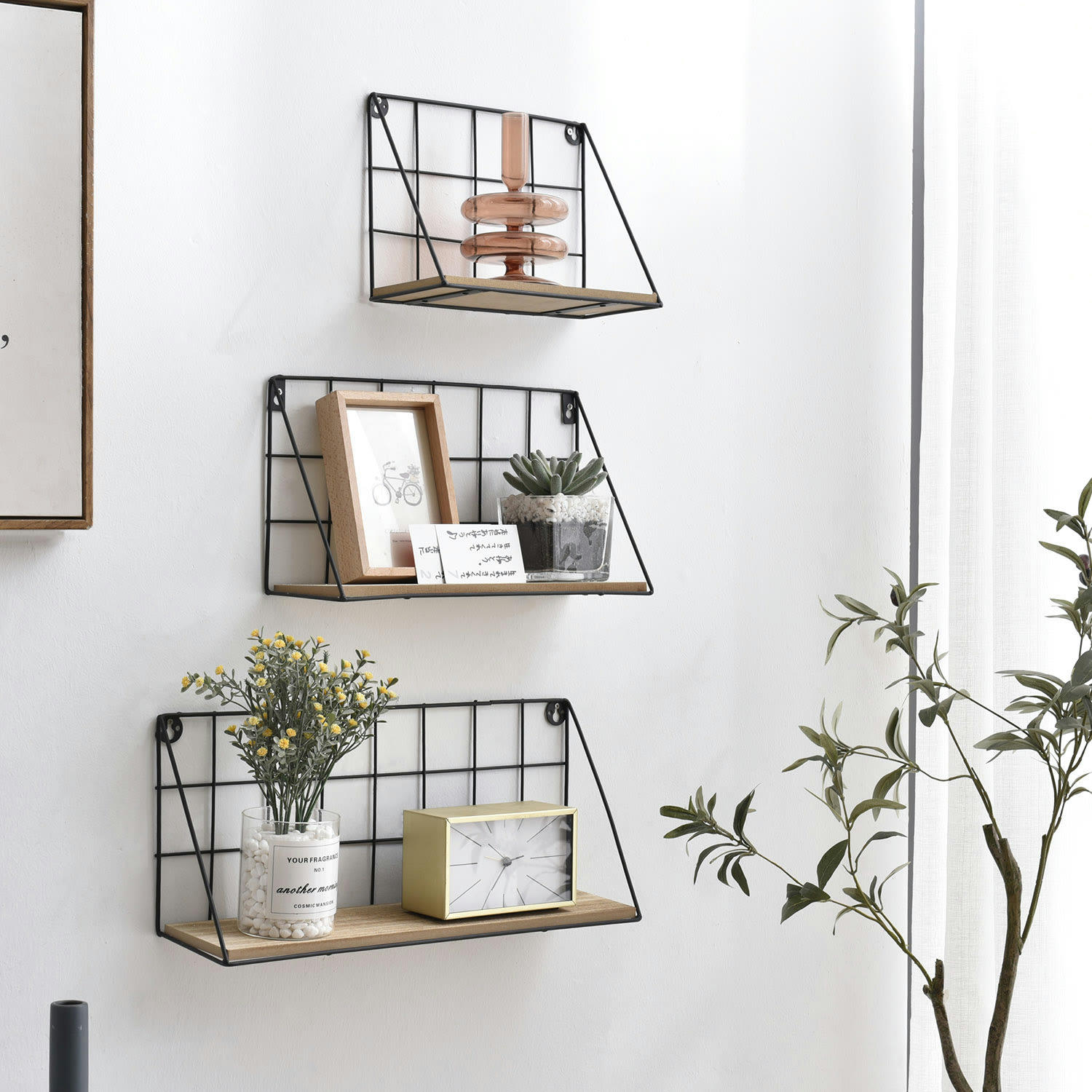 AMEDE - Set de 3 étagères murales métal noir et bois paulownia