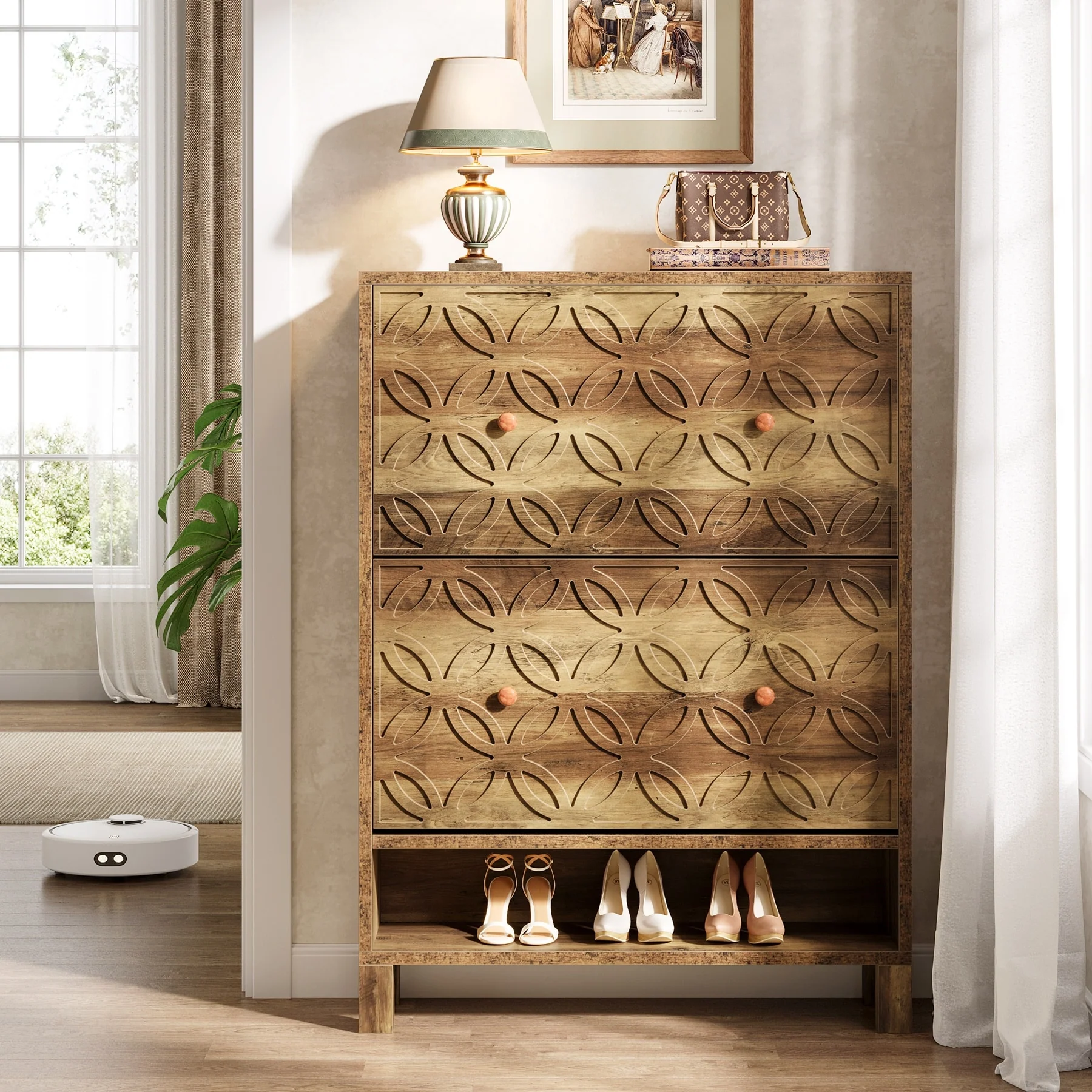 Rustic Brown Shoe Cabinet with 2 Flip Drawers