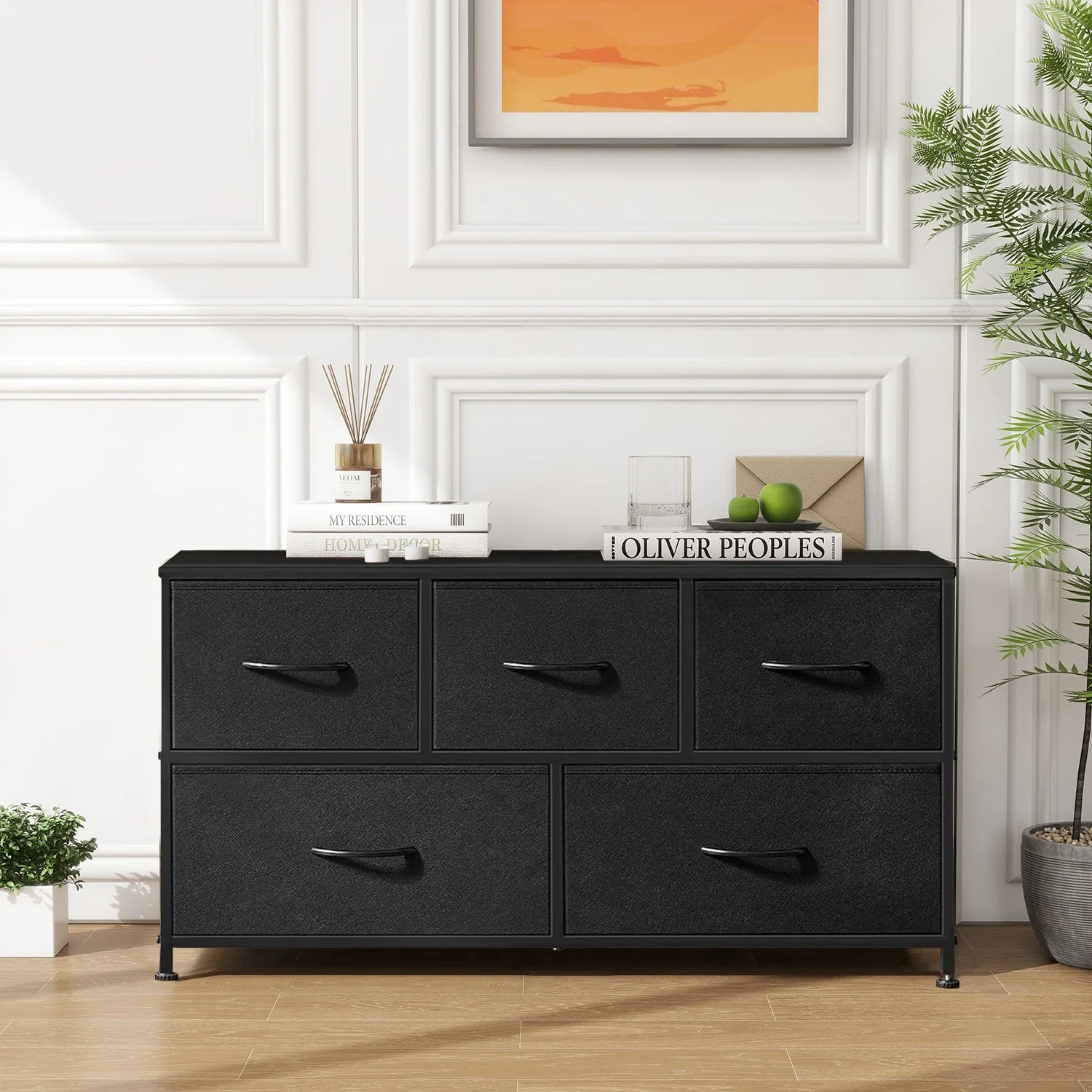 Modern 5-Drawer Chest of Drawers with Fabric Bin, Steel Frame, Wood Top for Bedroom, Entryway
