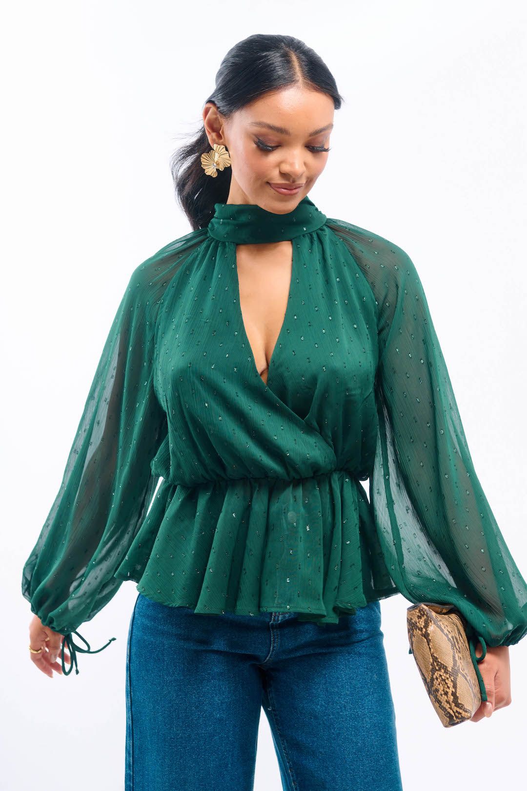 Needs No Label Sparkly Green Wrap Top