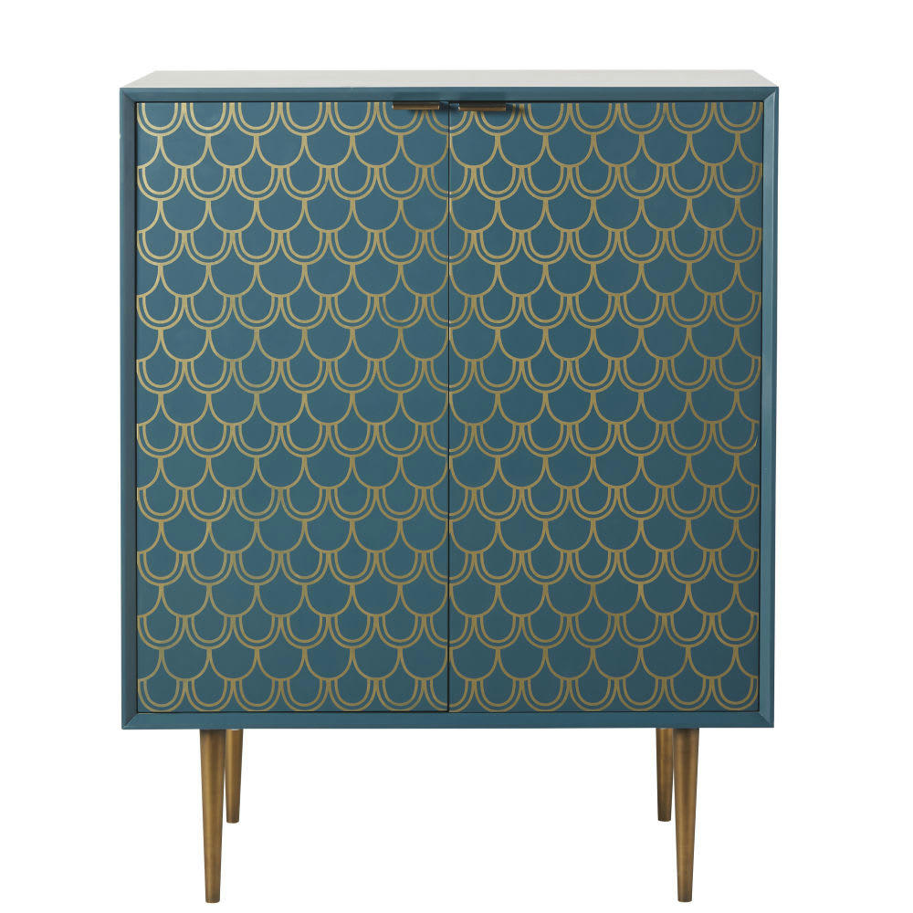 Barracuda - Buffet 2 portes bleu turquoise motifs graphiques dorés
