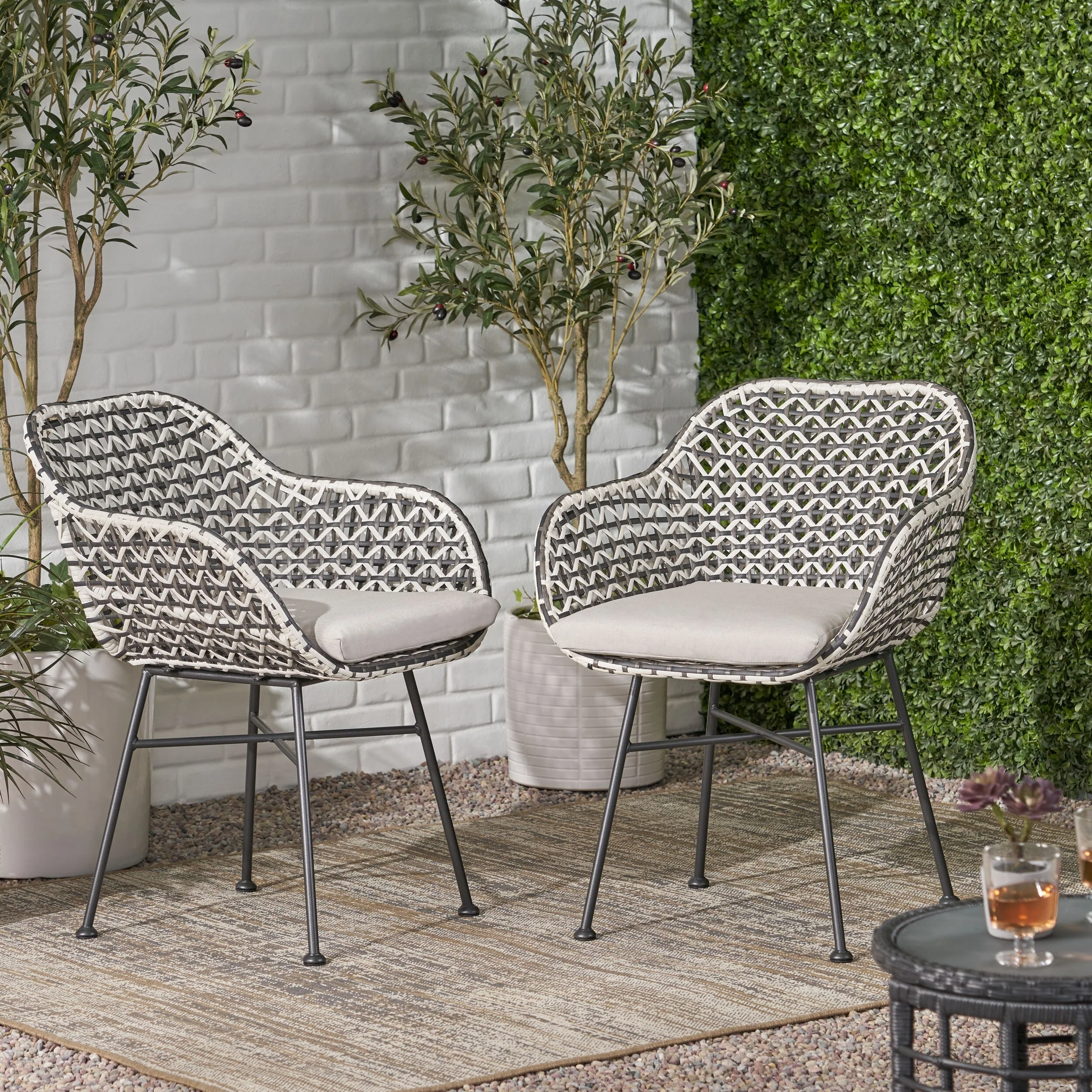 Roomfitters Boho Woven Rope Patio Chairs with Curved Backrest and Cushions, Outdoor Seating Set of 2, Black+White