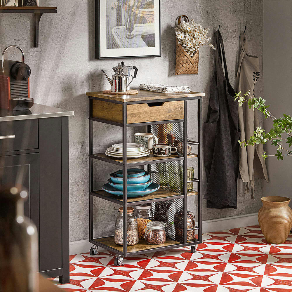 - Desserte en métal noir à roulettes 1 tiroir 3 étagères