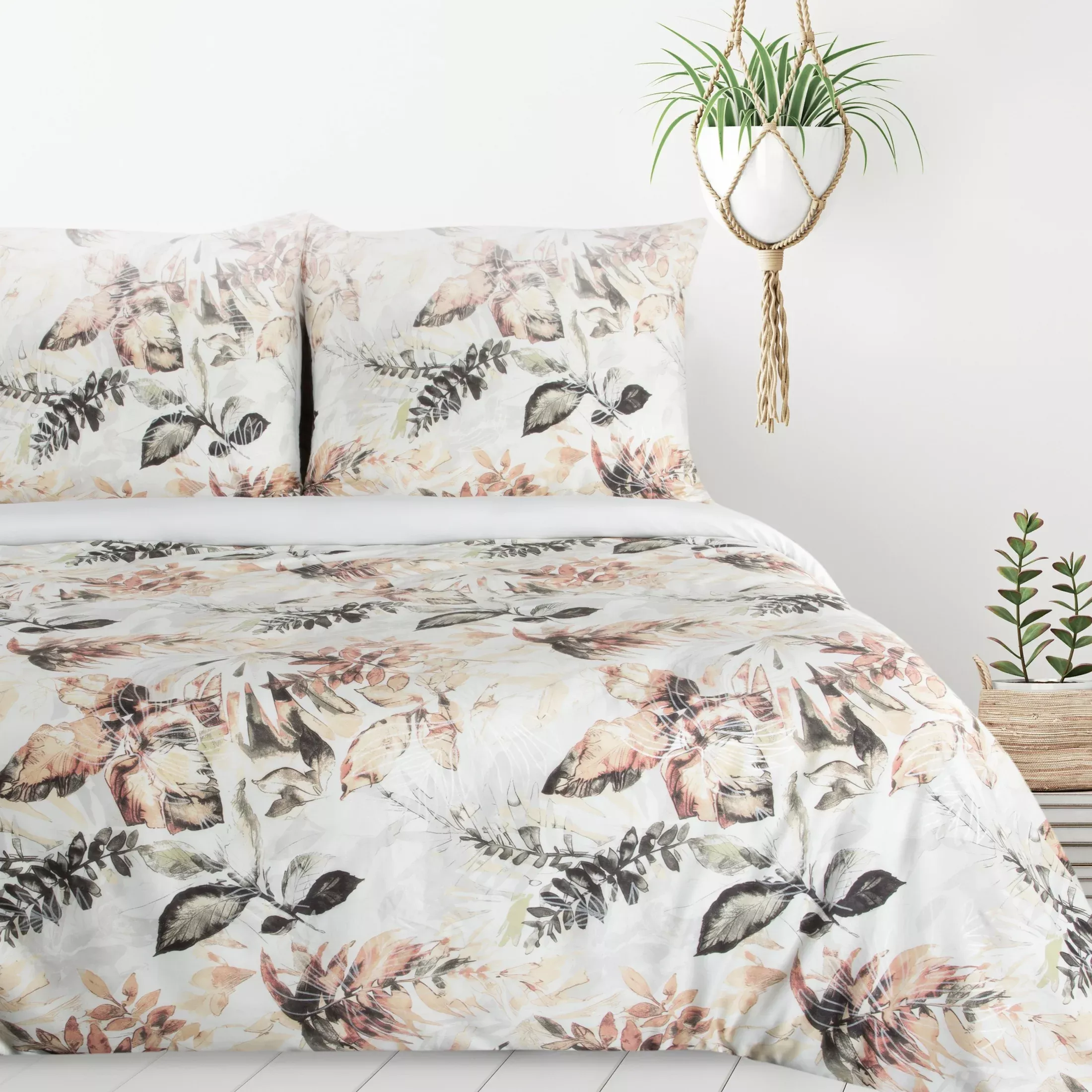 Pościel 160x200 cm komplet 3 częściowy kolor biały, pomarańczowy z motywem liści ARINA Design 91