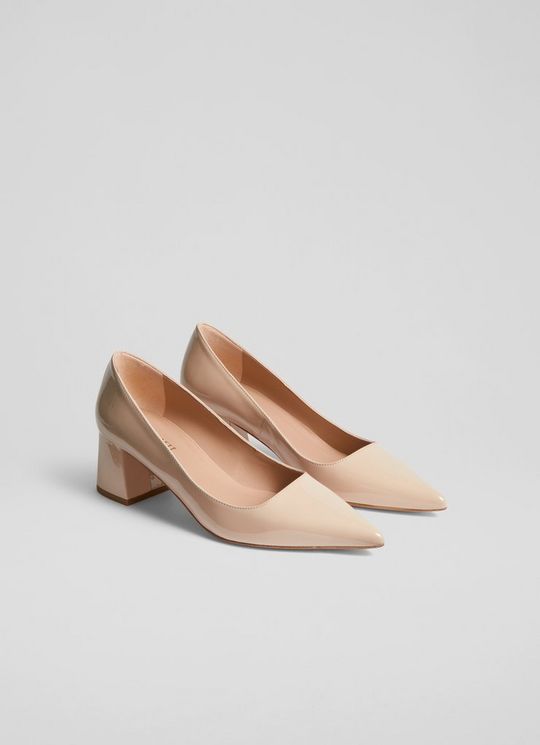 Sloane Beige Patent Leather Block Heel Courts