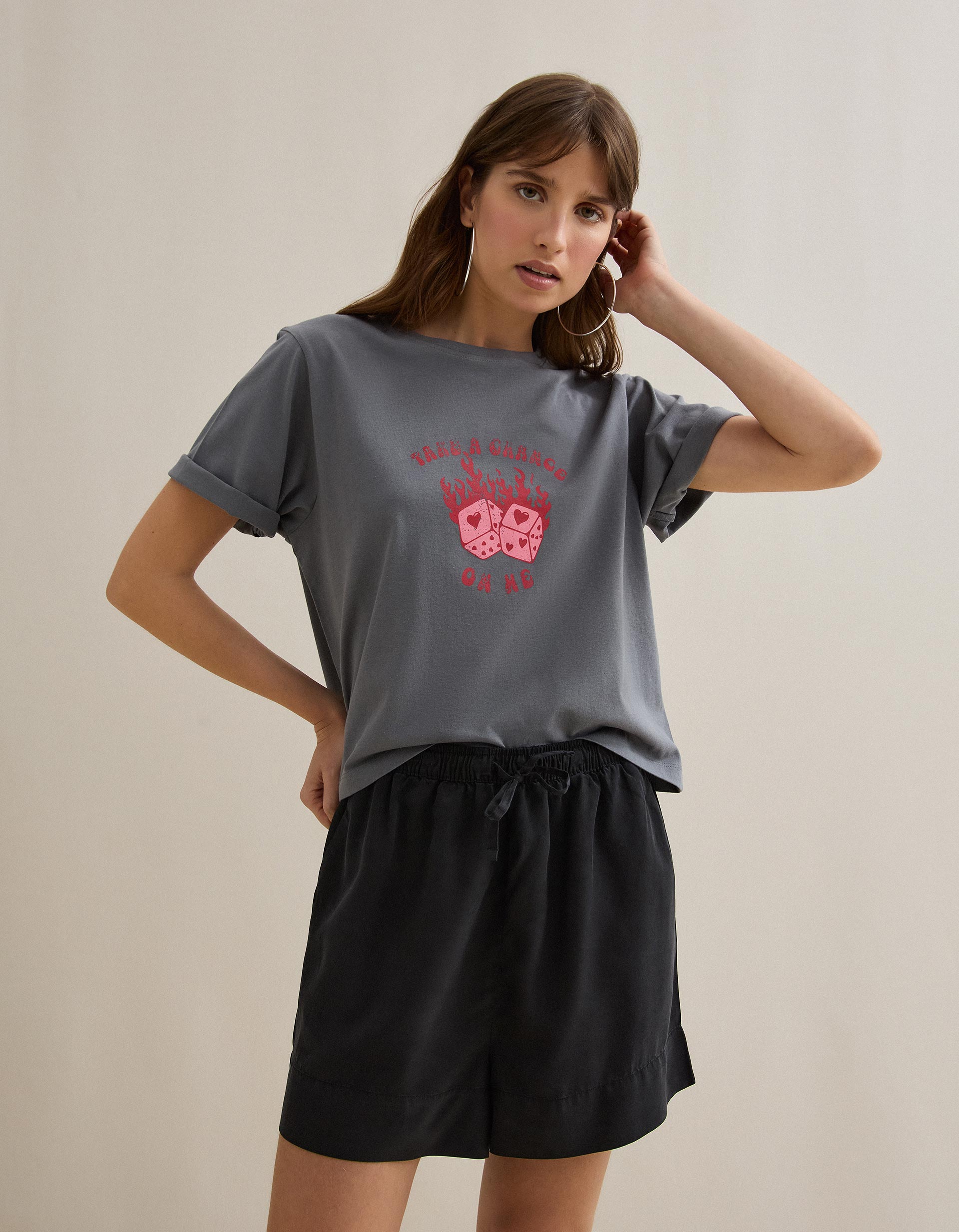 T-shirt Estampada, Mulher, Cinzento Escuro
