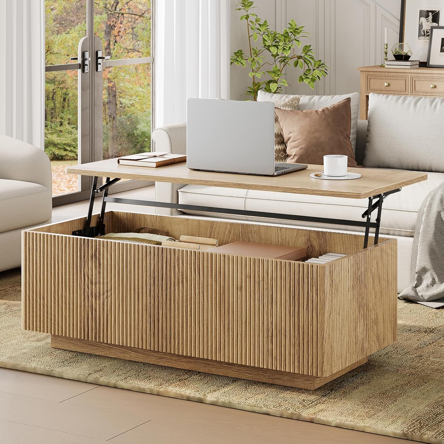 FABATO Mid Century Modern Coffee Table, Wooden Fluted Center Table with Large Hidden Compartment, 41.7” Rectangle with Round Corners, Lift Up Farmhouse Wood Table for Living Room, Home Office, Wood