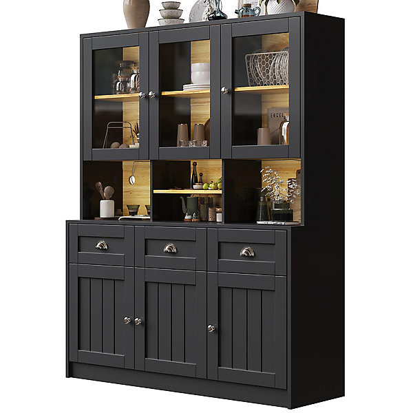 Armoire de cuisine,140x40x175cm,blanc/noir, haute, buffet, vitrine, étagères réglables, éclairage LED variable