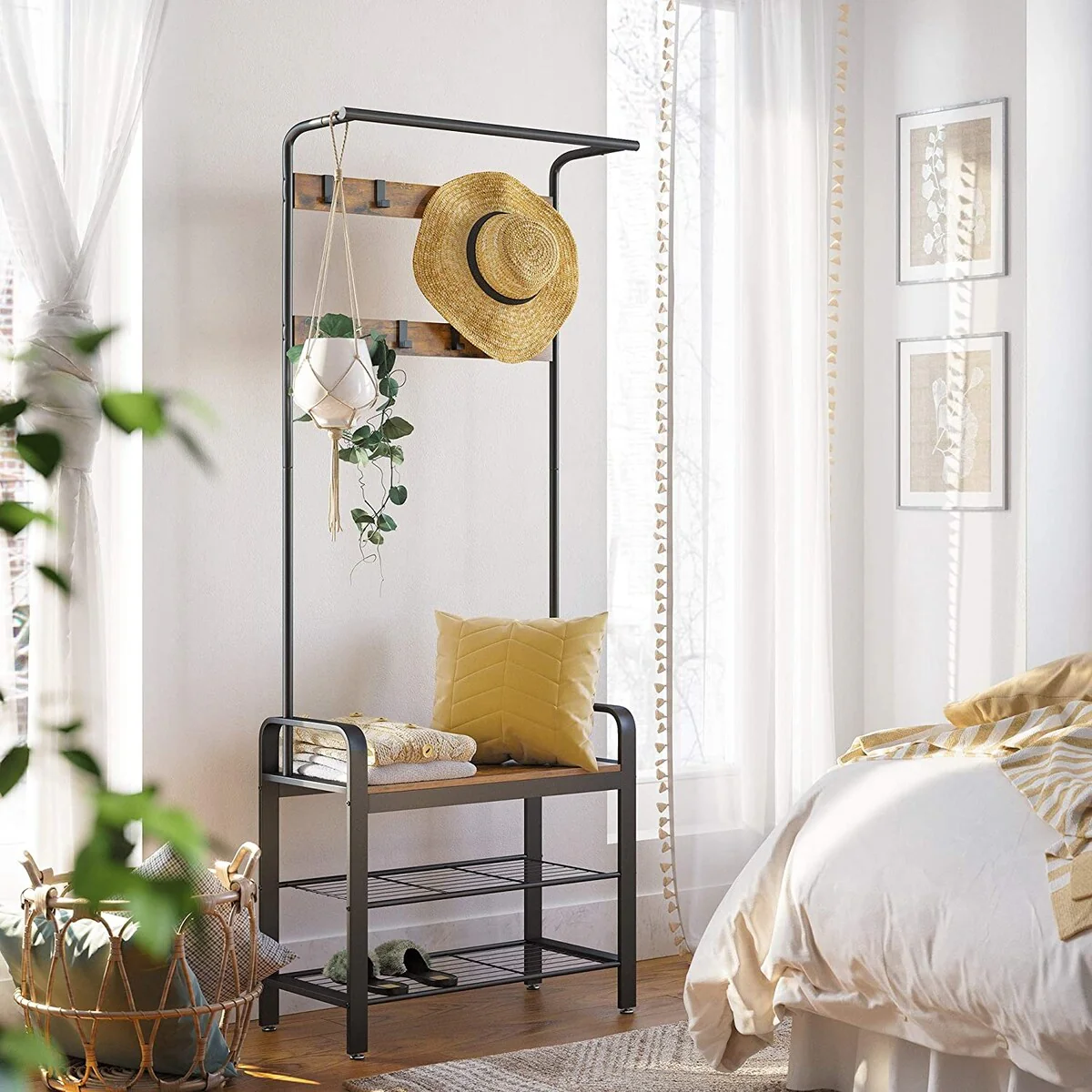 Coat Rack, Shoe Bench, Hall Tree Storage Shelf for Entryway, Rustic Brown and Black