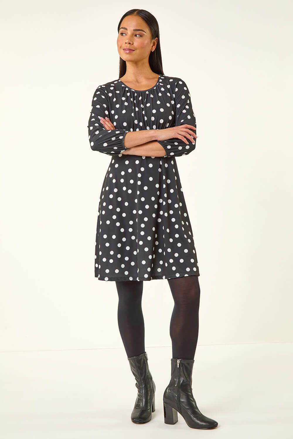 Roman Petite Polka Dot Gathered Stretch Dress