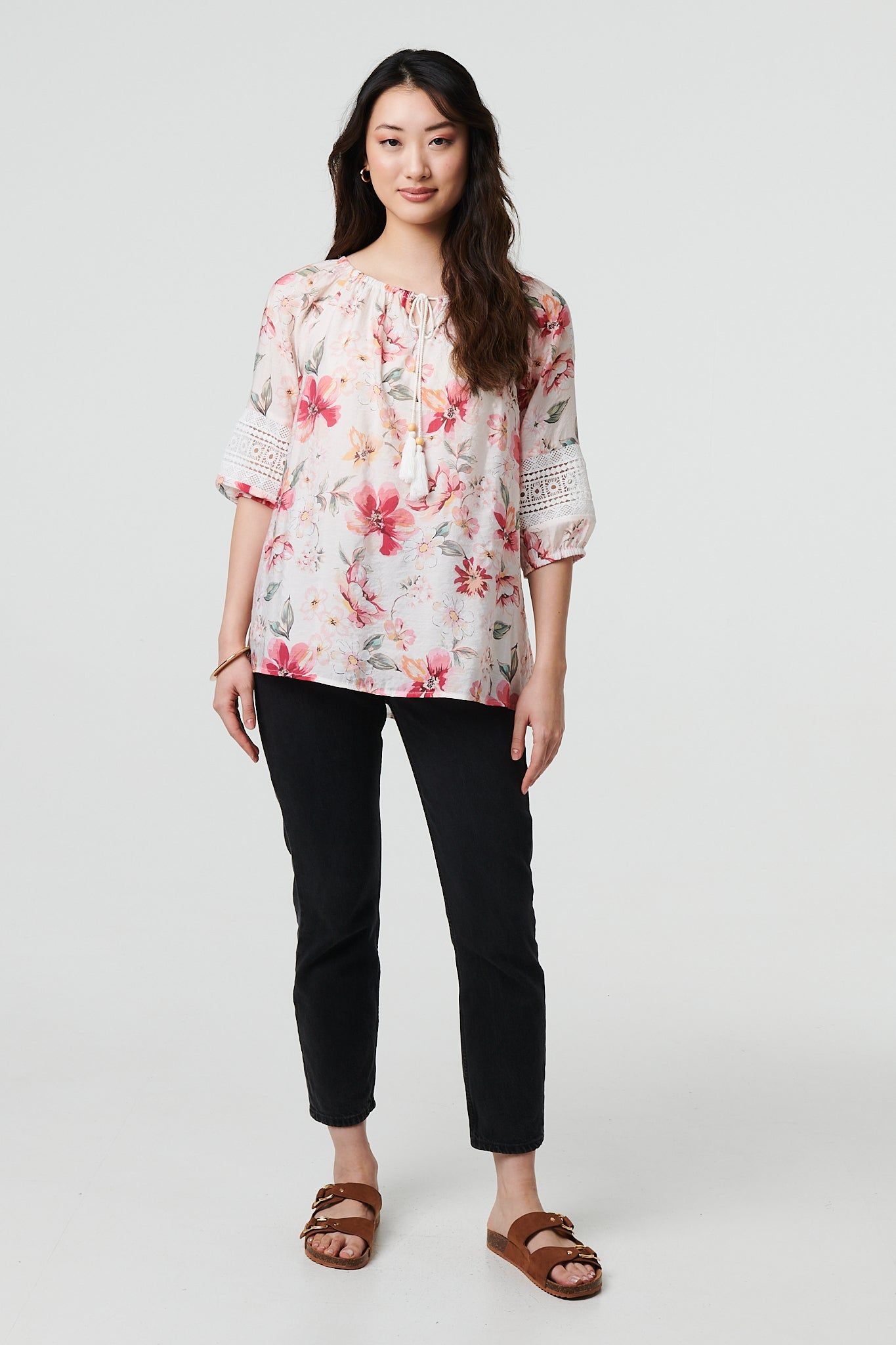 Izabel London Floral Lace Trim Bardot Neck Blouse