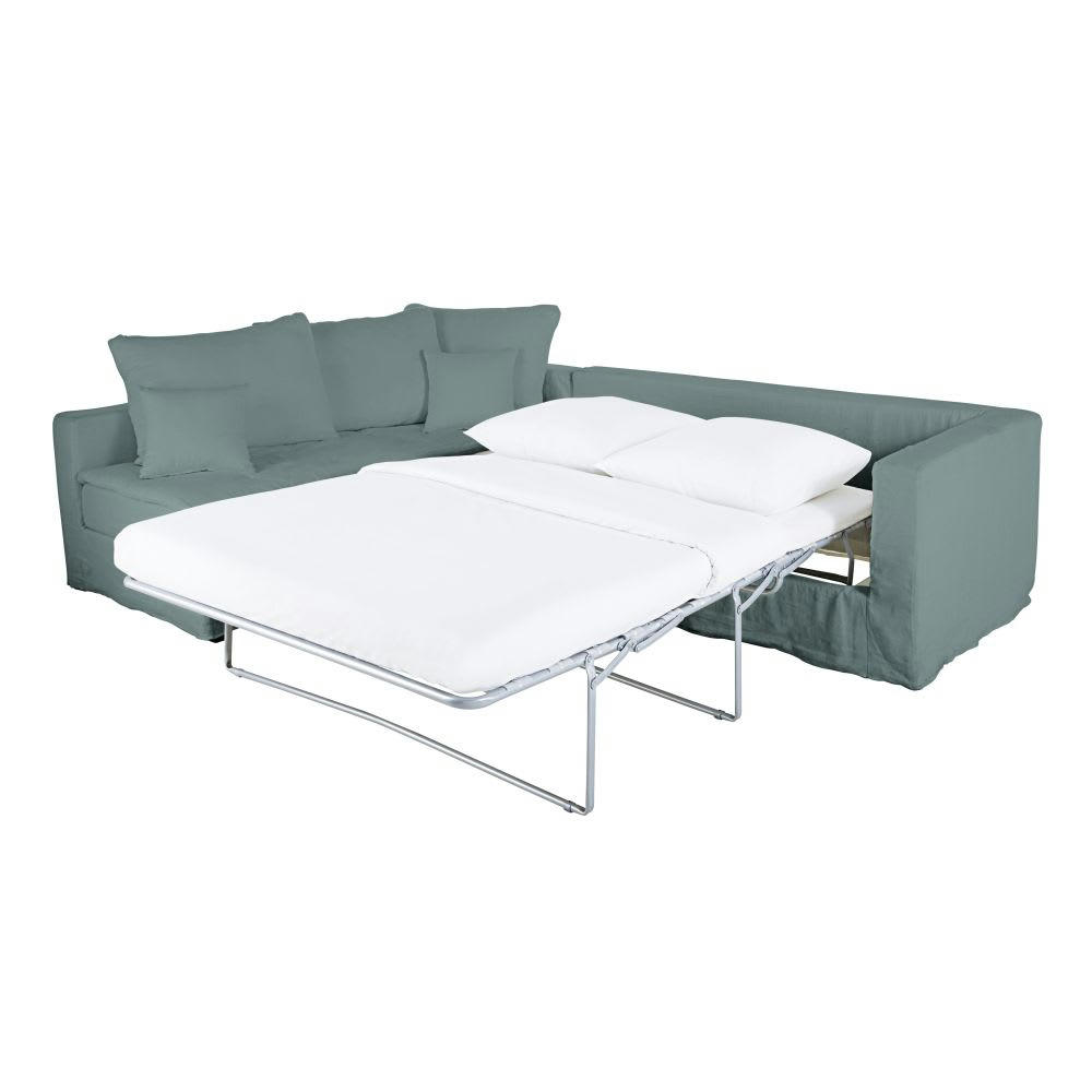 Célestin - Canapé d'angle gauche convertible 5 places en lin bleu céladon