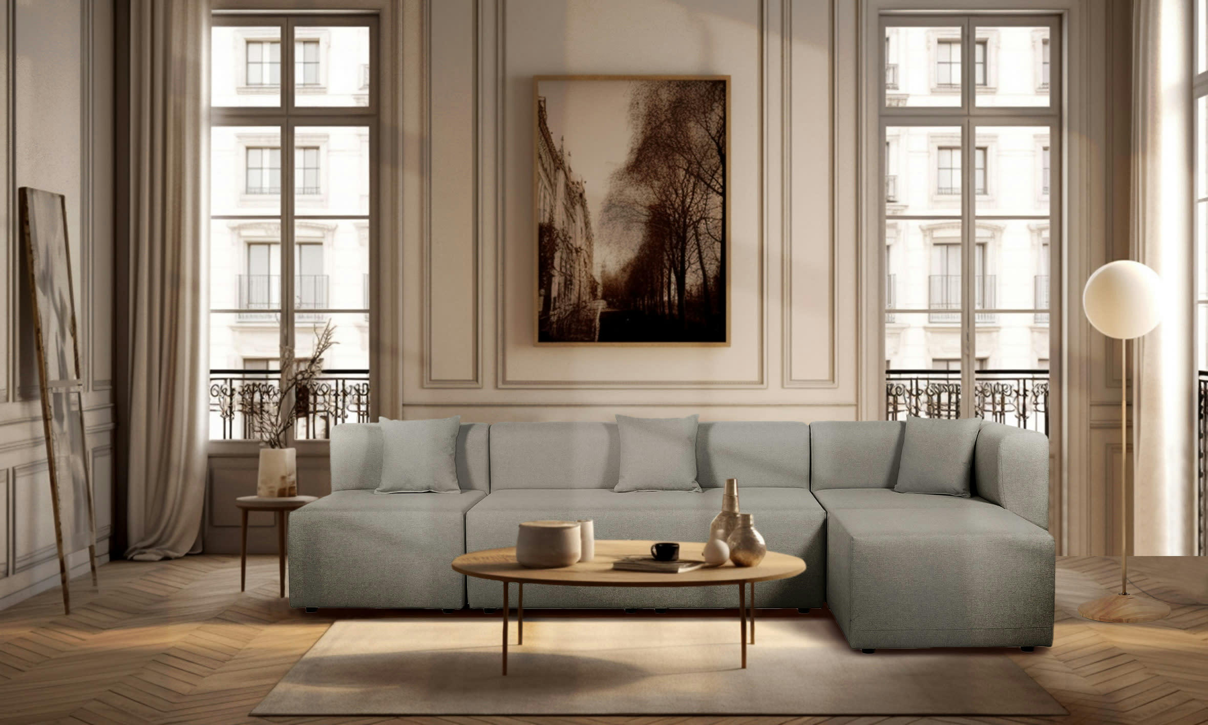 PINOT - Double chauffeuse pour canapé modulable en tissu gris clair