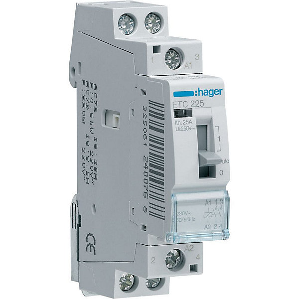 Etc425 Hager Contacteur Jour Nuit Triphasé Pour Heures Creuses 4no - 25a - Bobine 230 Vac - Bornes à Vis - 2 Modules