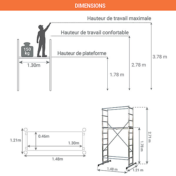 Echafaudage domestique: Hauteur de travail max 3.78m   Sac à dos de chantier - 203702-SAC