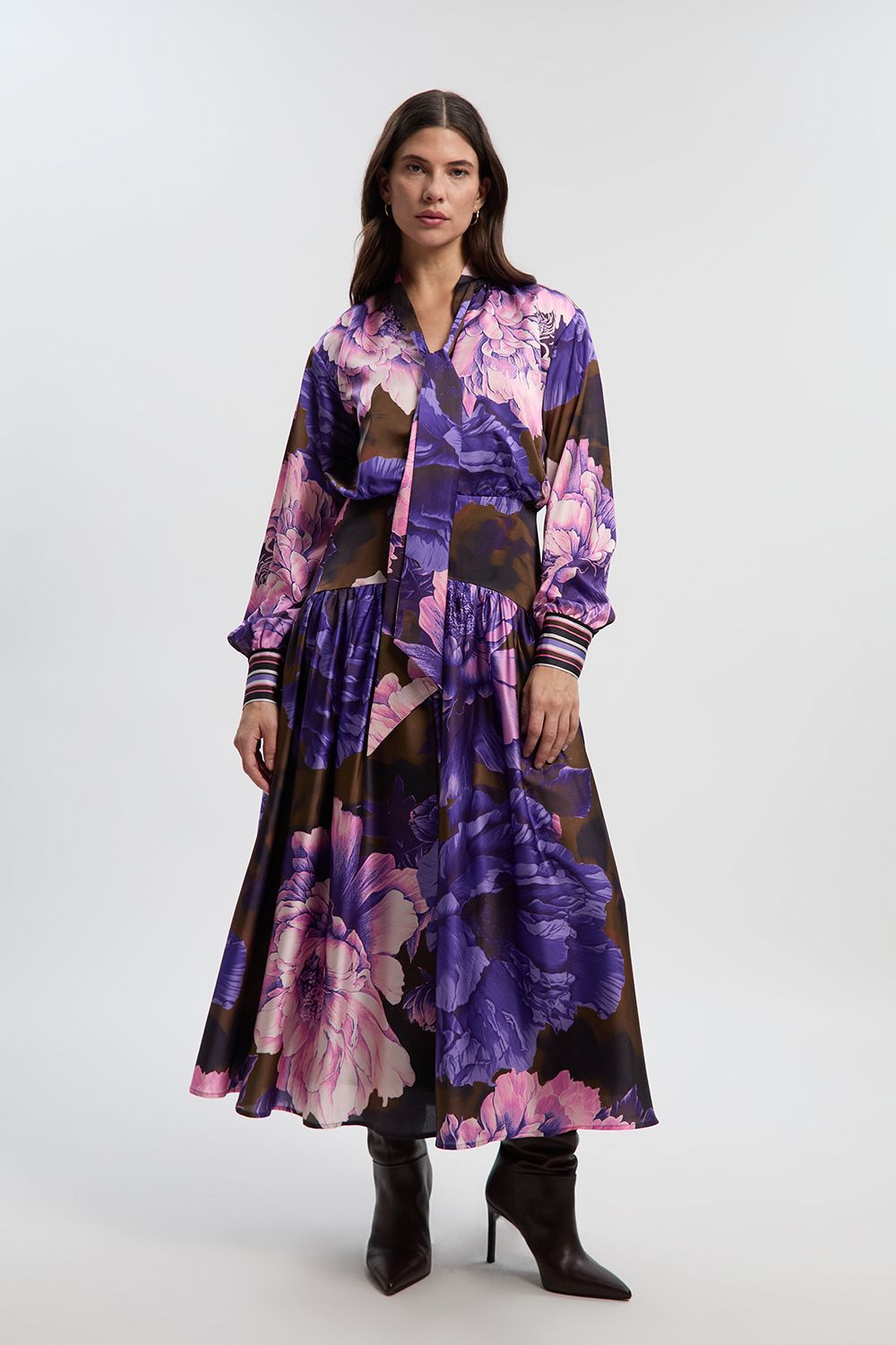 KarenMillen Petite Floral Print Hammered Satin Collared Woven Shirt Dress