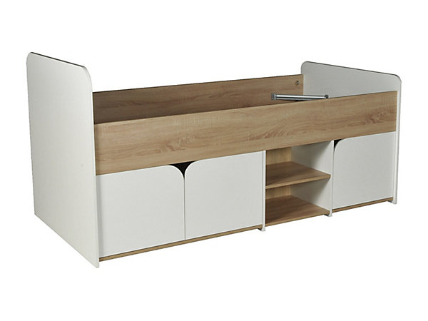Lit 90 x 190 cm avec rangements - Coloris : Naturel et blanc   Sommier   Matelas - LOSTYA