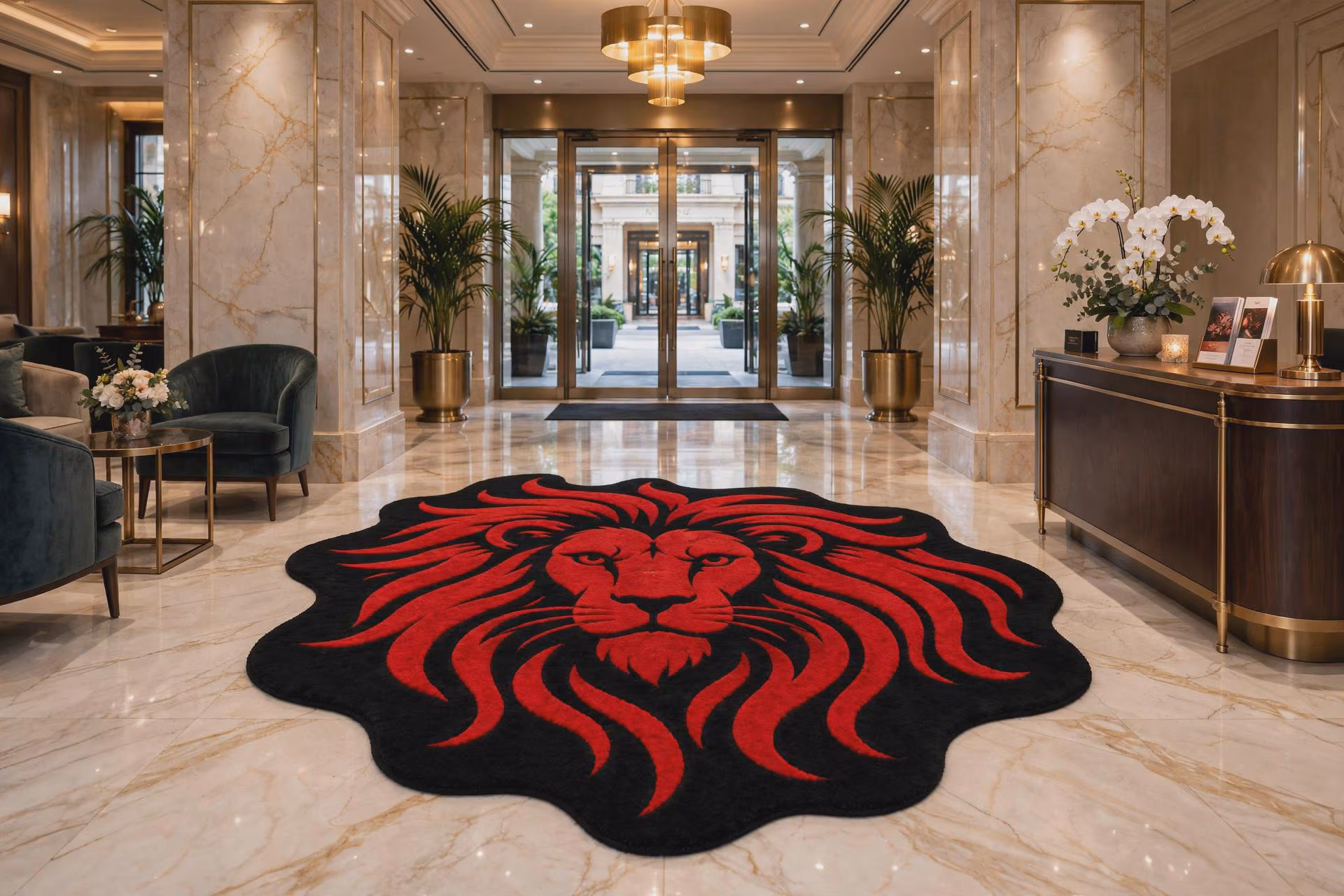 Hand-Tufted Wool Lion Shaped Area Rug, Black Red Statement Carpet