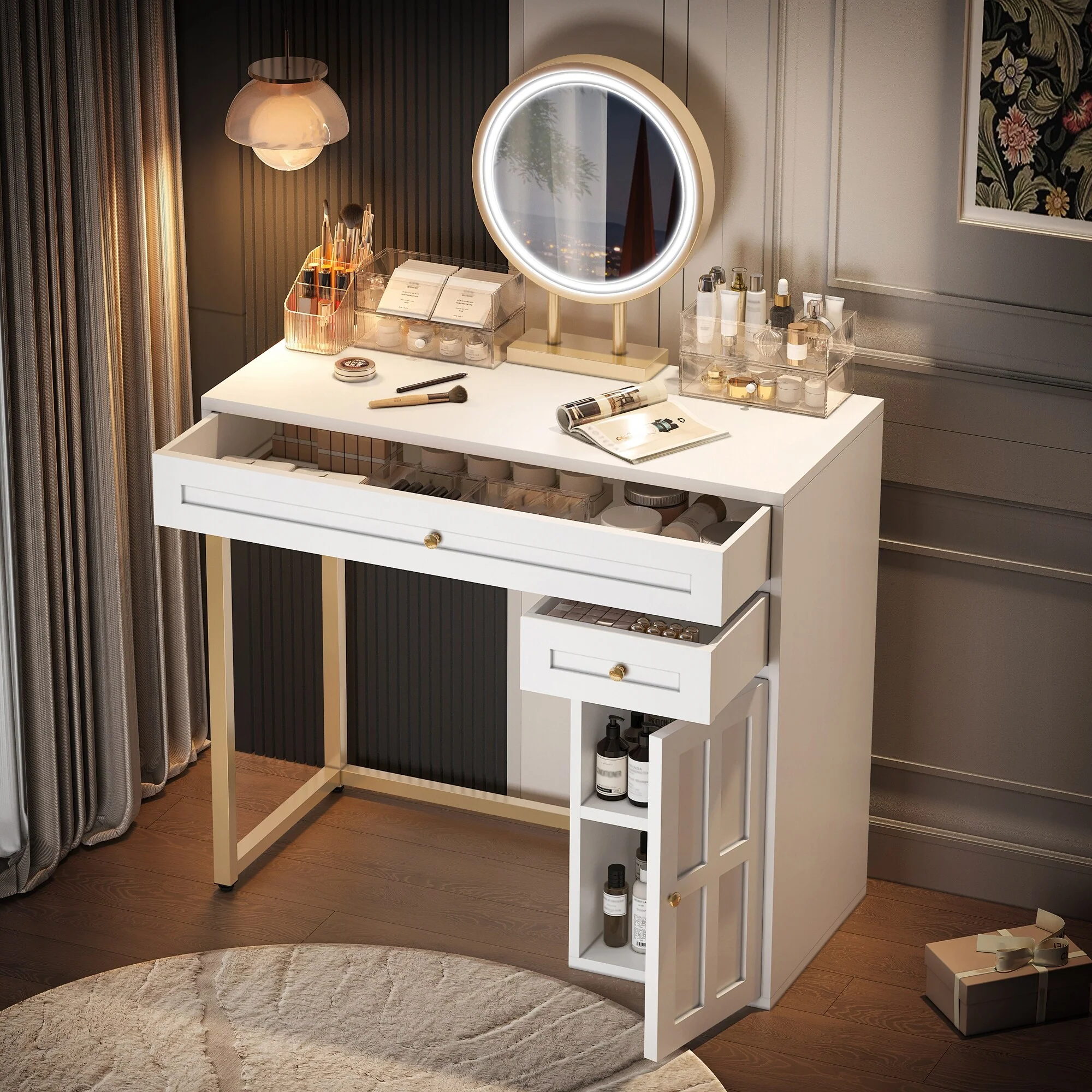 Makeup Vanity Desk with Lighted Mirror & Iron Legs, Dressing Table with 2 Drawers & 1 Cabinet, 3 Lighting Modes Available