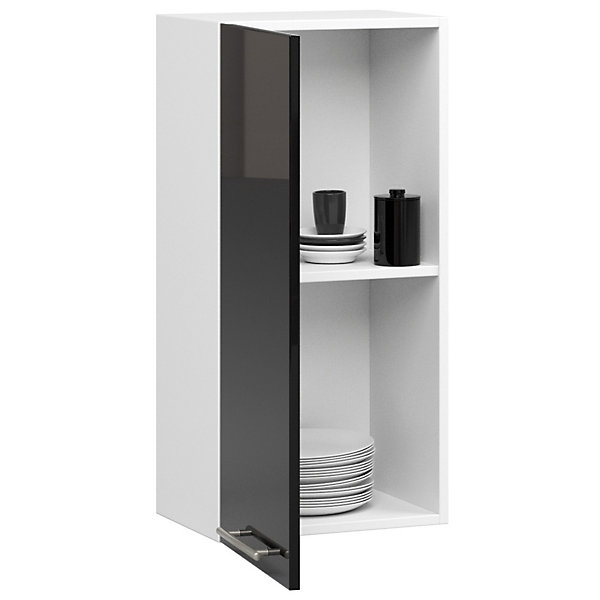 Meuble de cuisine suspendue : 1 porte, 2 étagères, blanc / noir brillant, 40 x 72 x 30 cm