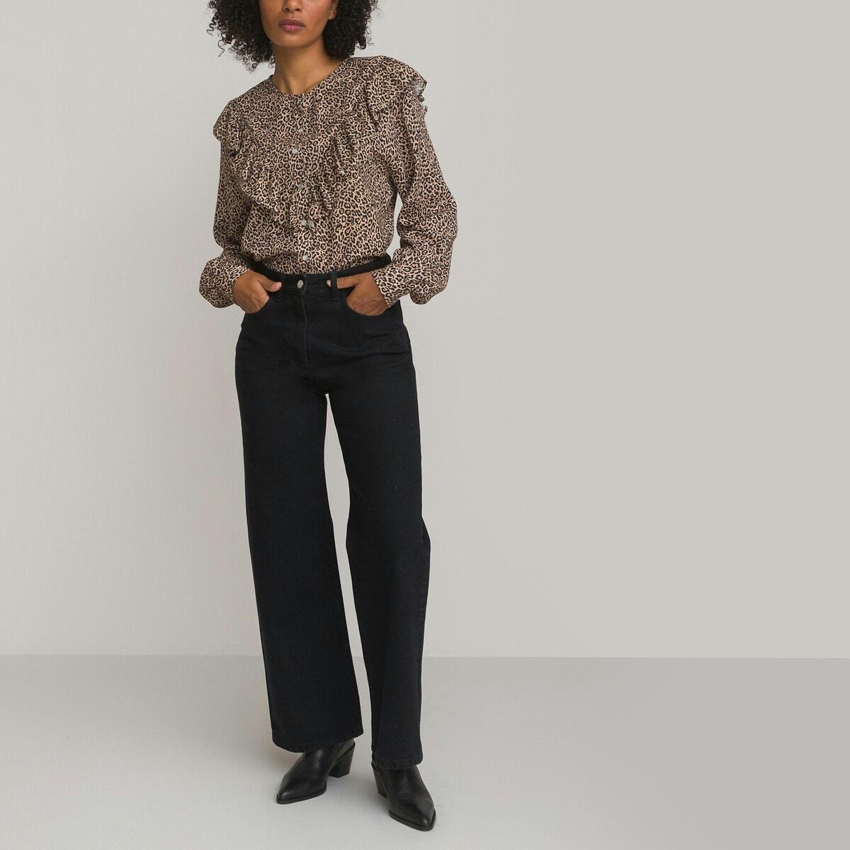 Blouse col rond manches longues, impimé léopard