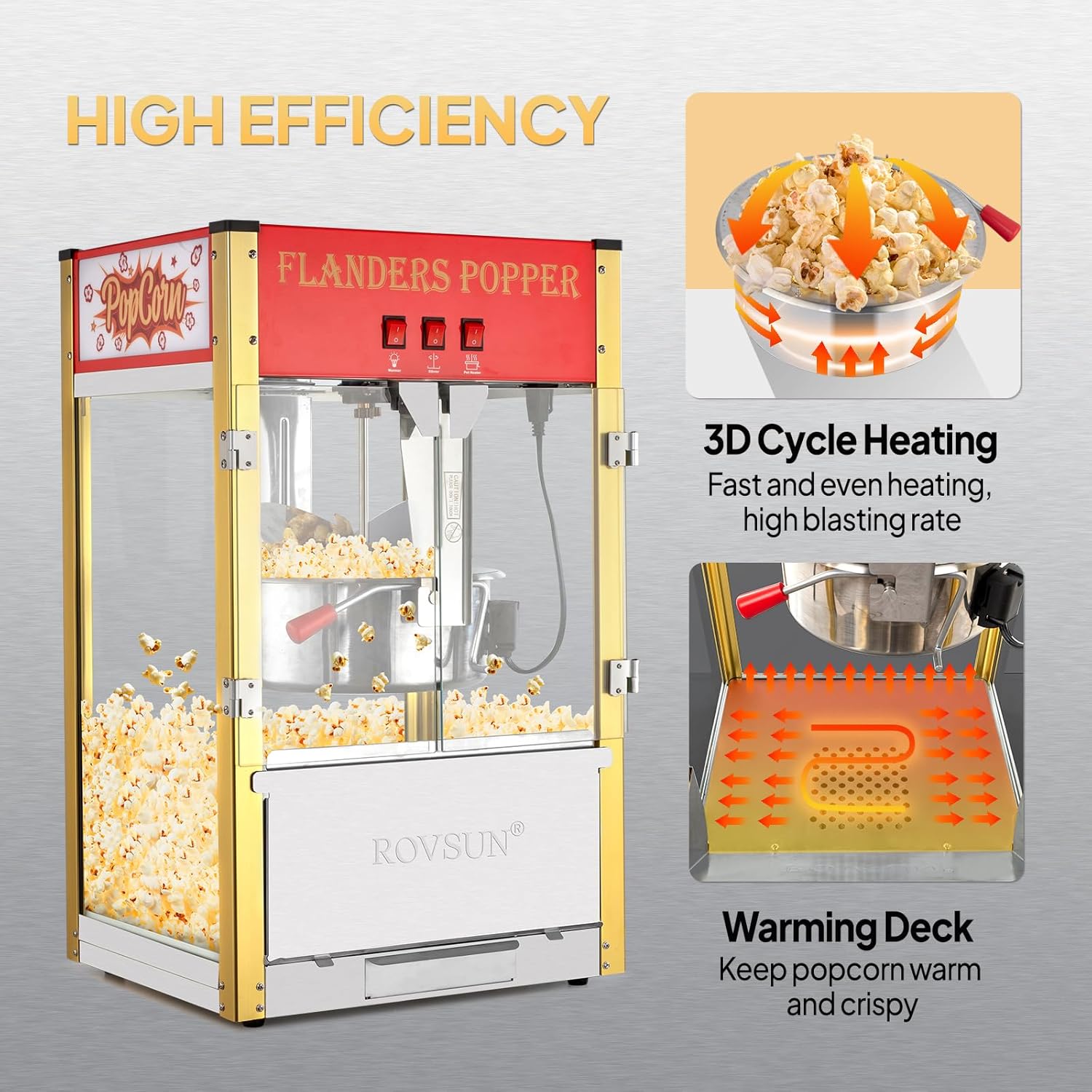 ROVSUN Popcorn Machine with 16 Ounce Kettle ETL Certified, Vintage Popcorn Maker Commercial Popcorn Machine Countertop w/Stainless Steel Scoop, Oil Spoon & 3 Popcorn Cups for Home Movie Theater, Red