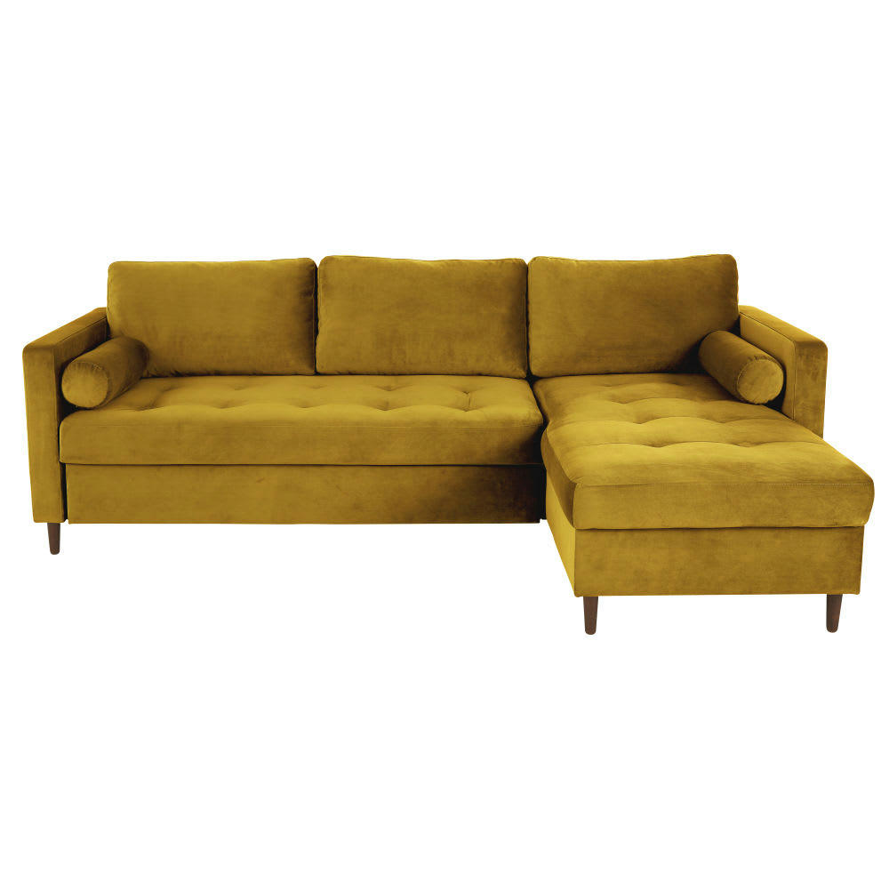 Olivia - Canapé d'angle convertible 4/5 places en velours jaune