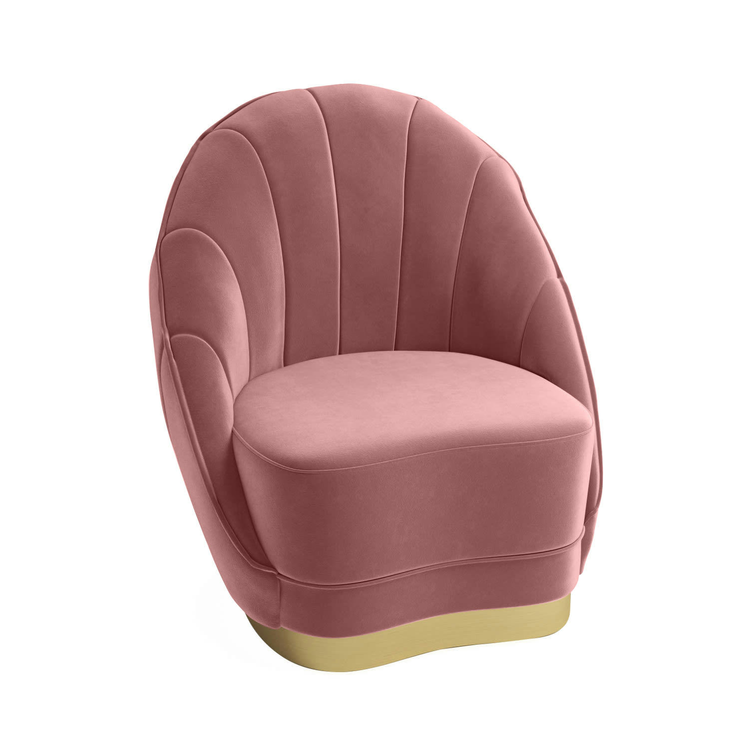 BETTY - Fauteuil en velours rose vintage, base cerclage or effet laiton