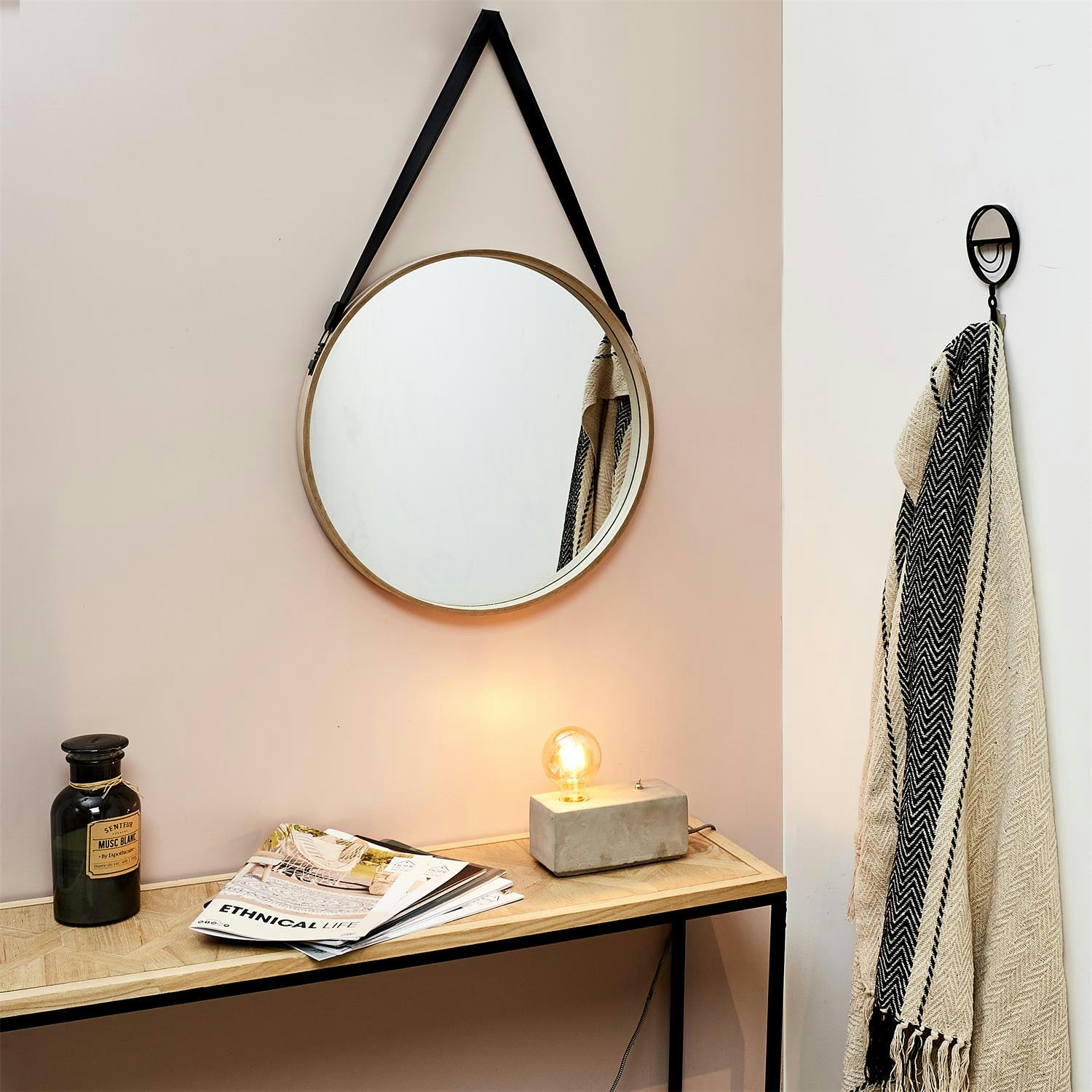 - Miroir rond avec anse en pu barber 50 cm