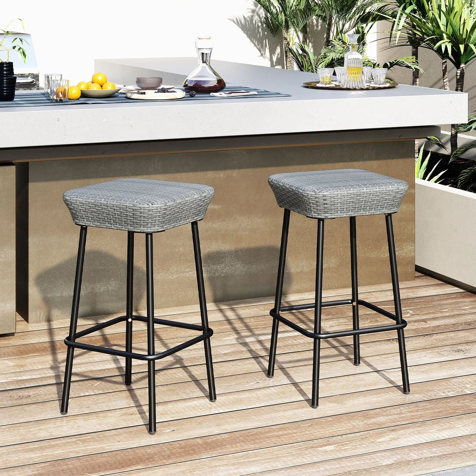 Mix Grey Rattan Metal Bar Stools Backless with Footrest Set of 2 - 16.5 L x 16.5 W x 29.5 H