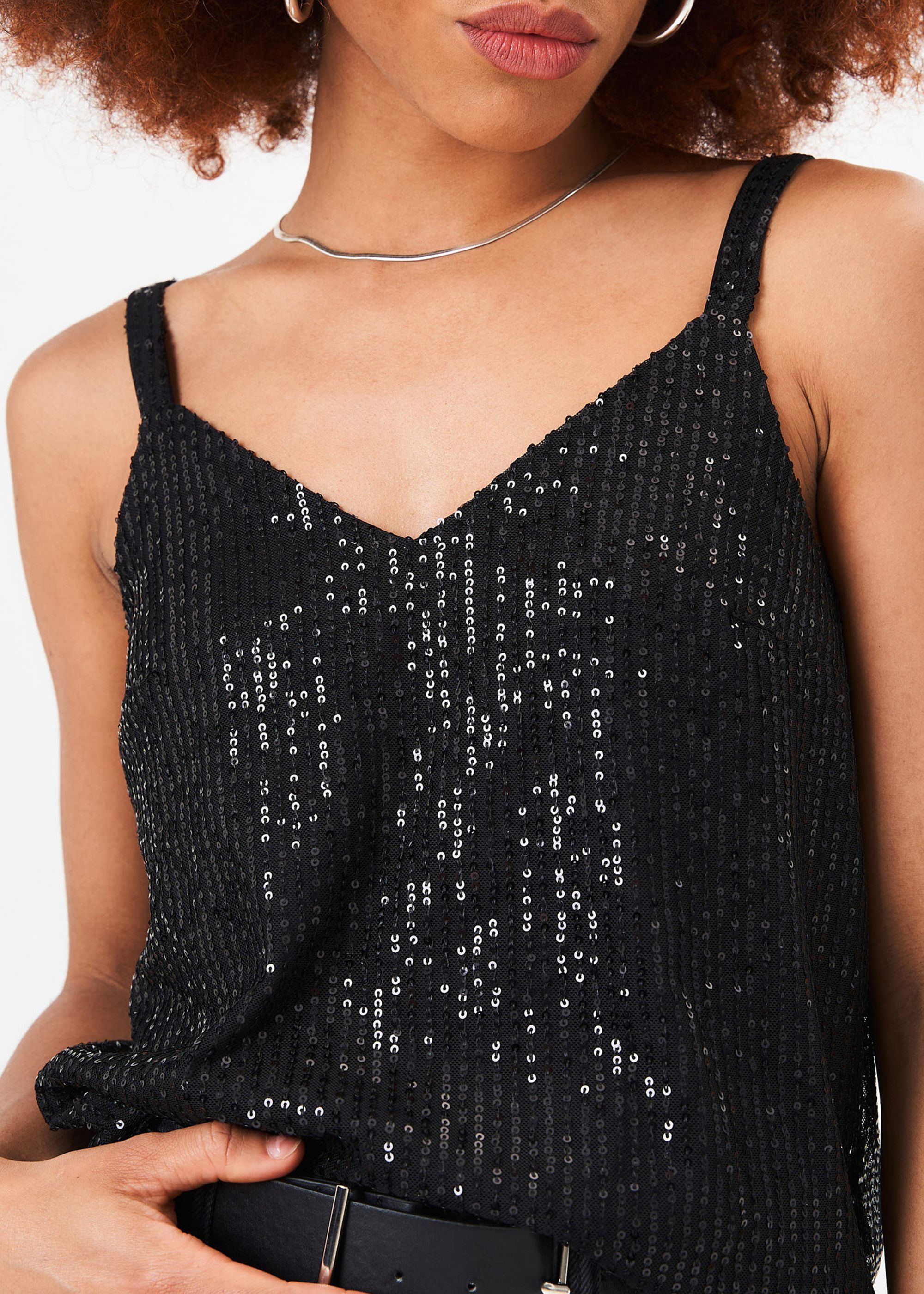 Gini London Black Sequin V Neck Cami Top